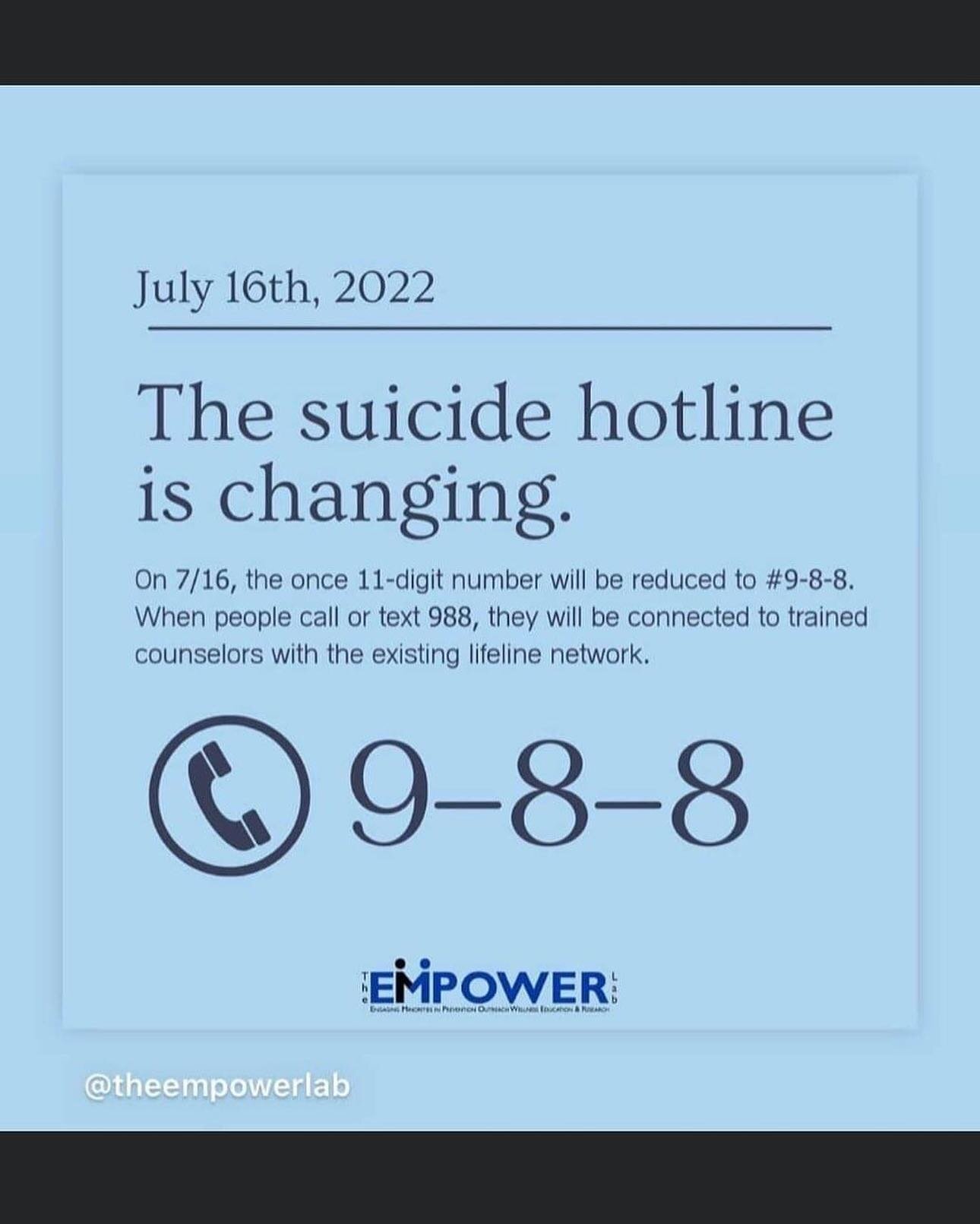 Learned about this today!!!! No more needing to remember an 800#. Now you can dial 9-8-8 if you are in crisis!!!!!! 
Please spread the word. You may help safe someone&rsquo;s life!