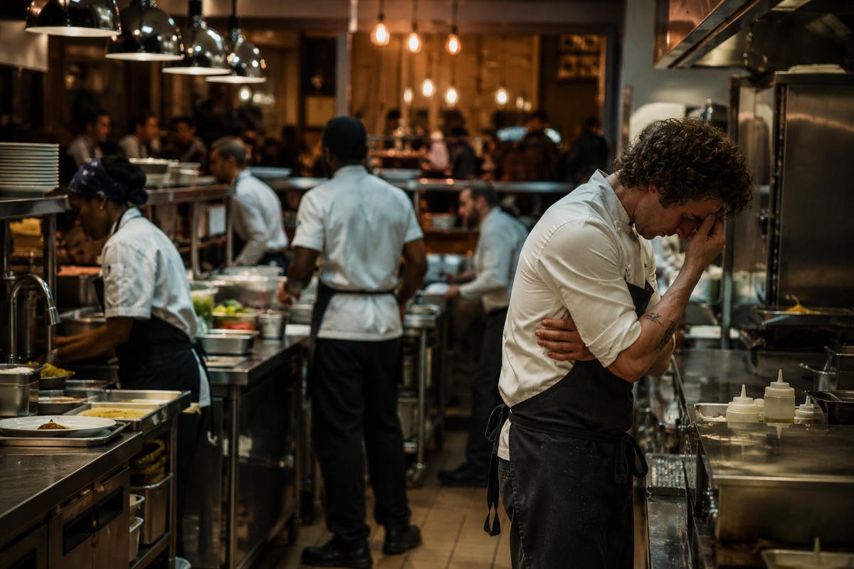 Wide-angle restaurant kitchen scene showing a stressed chef taking a moment to collect himself while the rest of the kitchen team continues working through a busy dinner service.