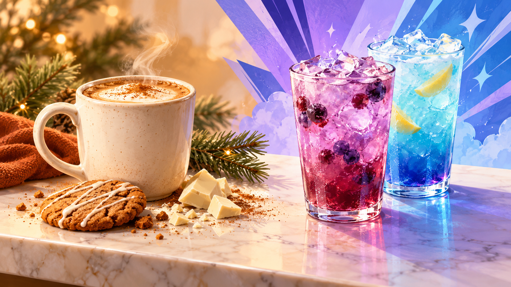 Illustration contrasting a warm coffee-and-cookie setting with violet and blue drinks against comic-inspired shapes.