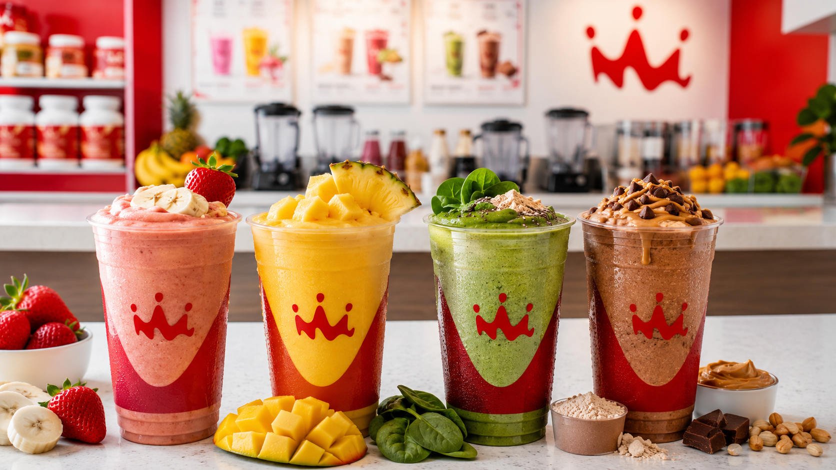 Four colorful smoothies in a bright smoothie shop, including strawberry banana, tropical pineapple mango, green protein, and chocolate peanut butter drinks with fresh fruit and toppings on the counter.