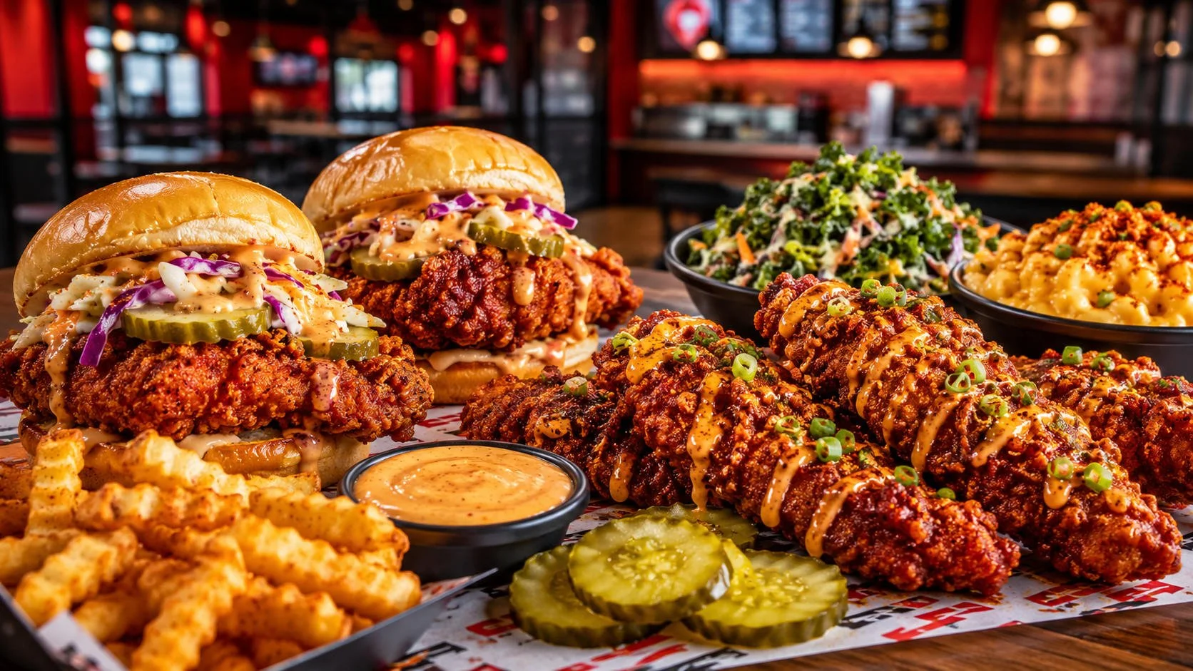A spicy hot chicken feast with crispy chicken sliders, sauced tenders, crinkle-cut fries, pickles, dipping sauce, kale slaw, and mac and cheese in a red-and-black fast-casual restaurant setting.