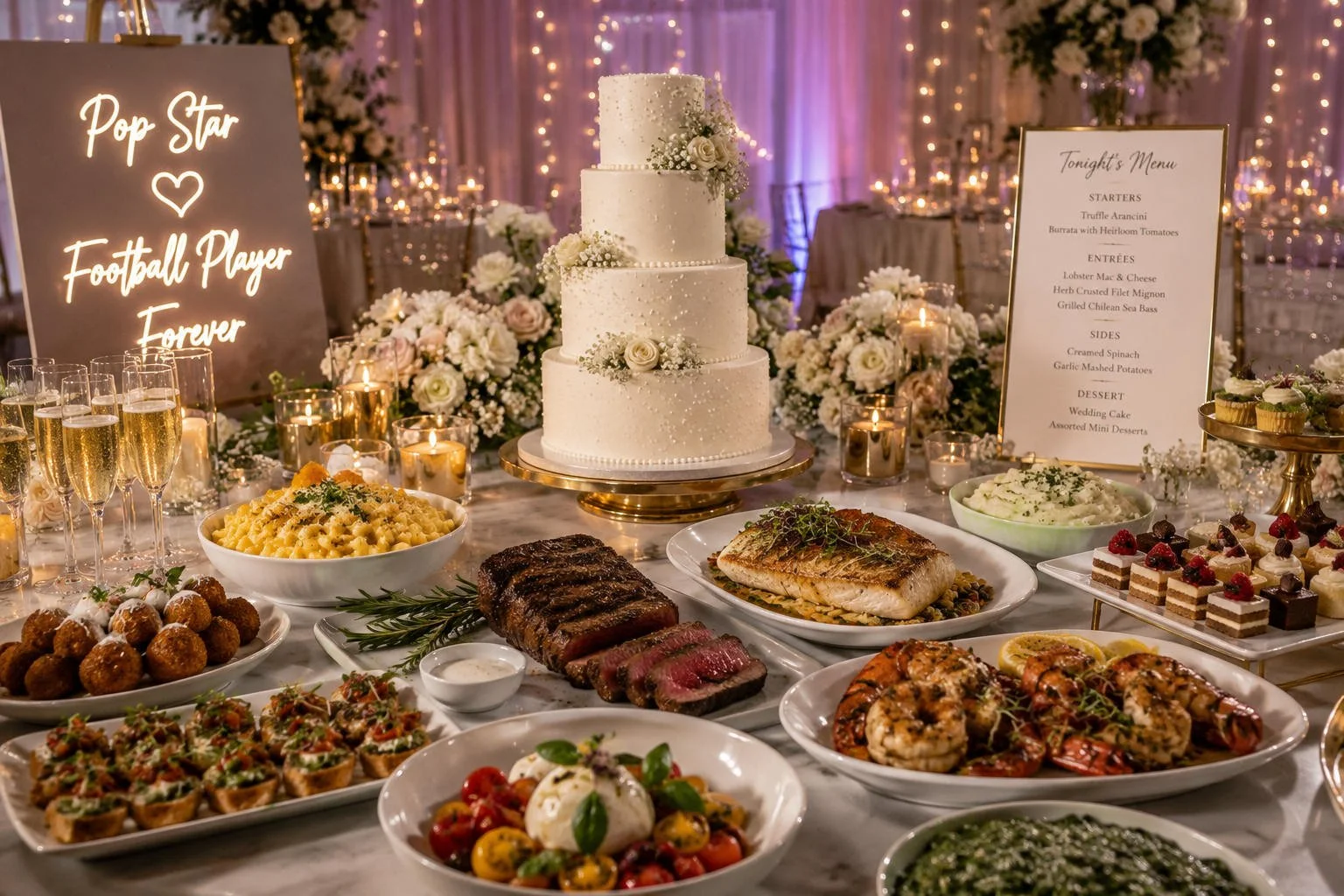 A wide wedding reception food spread with a tiered white cake, champagne, steak, seafood, pasta, desserts, flowers, candles, and elegant menu displays in a romantic banquet setting.