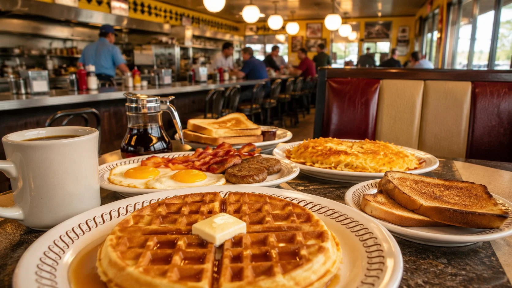 A wide-angle American diner breakfast scene with waffles, eggs, bacon, sausage, hash browns, toast, syrup, and coffee on a booth table, with a busy open kitchen and counter seating in the background.