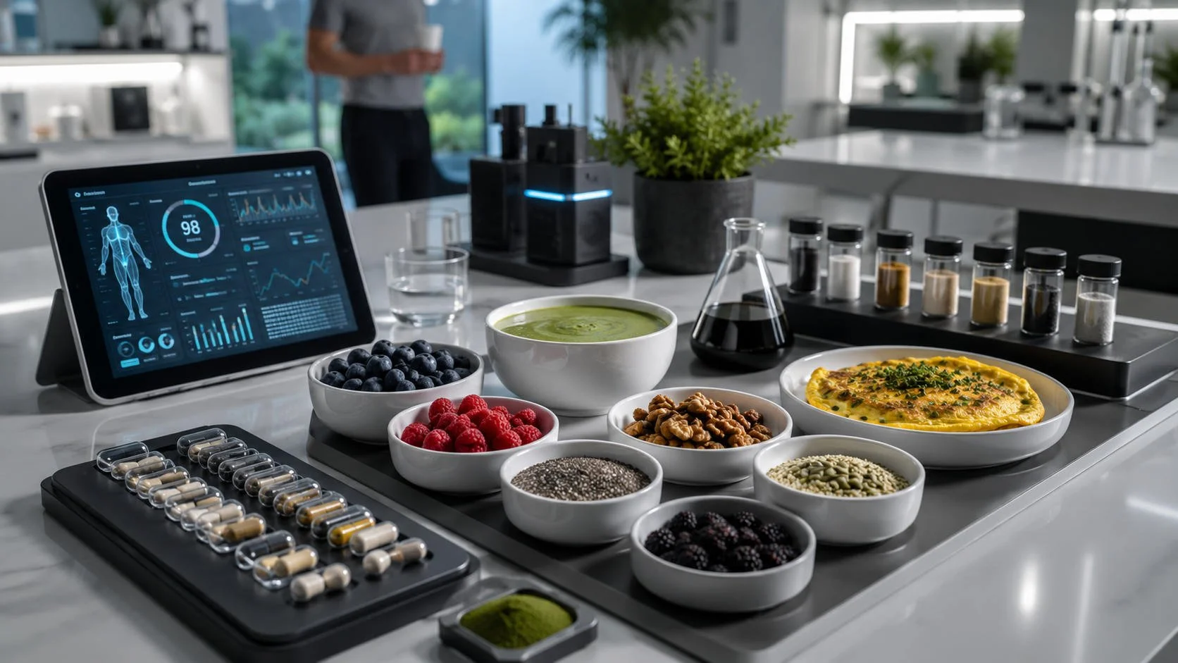 A futuristic wellness breakfast spread with green smoothie soup, berries, seeds, nuts, supplements, lab-style bottles, and a health dashboard tablet in a sleek modern kitchen.