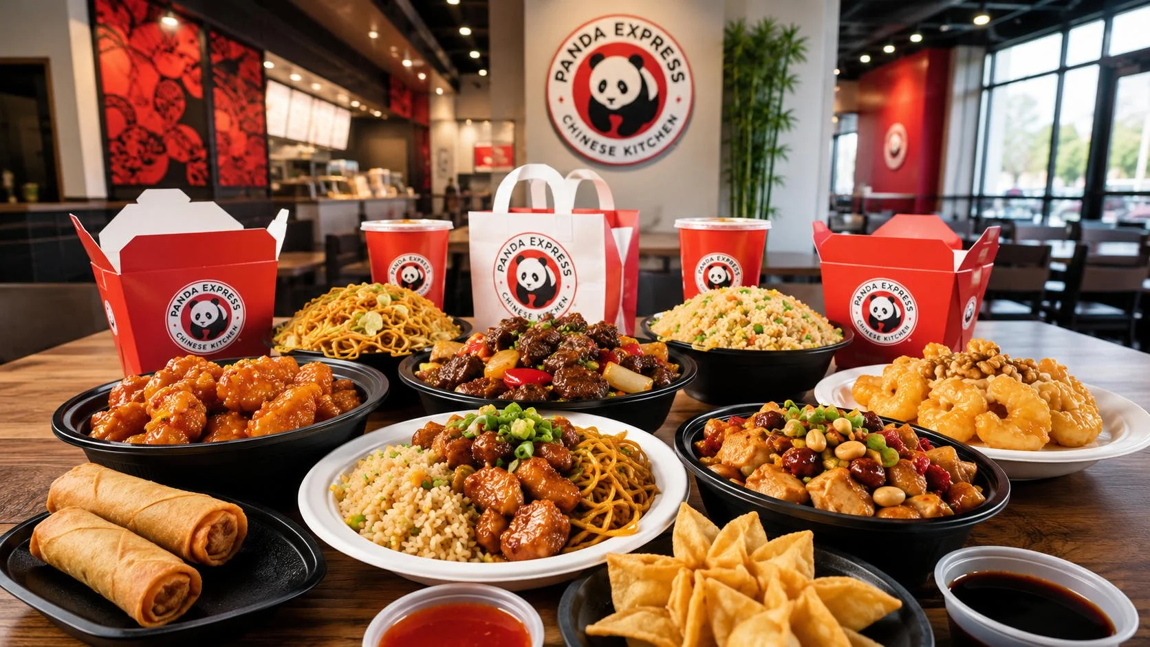 A wide Panda Express-style spread with orange chicken, chow mein, fried rice, Beijing beef-style entrée, honey walnut shrimp, spring rolls, cream cheese wontons, sauces, drinks, takeout boxes, and red-and-white fast-casual restaurant branding.