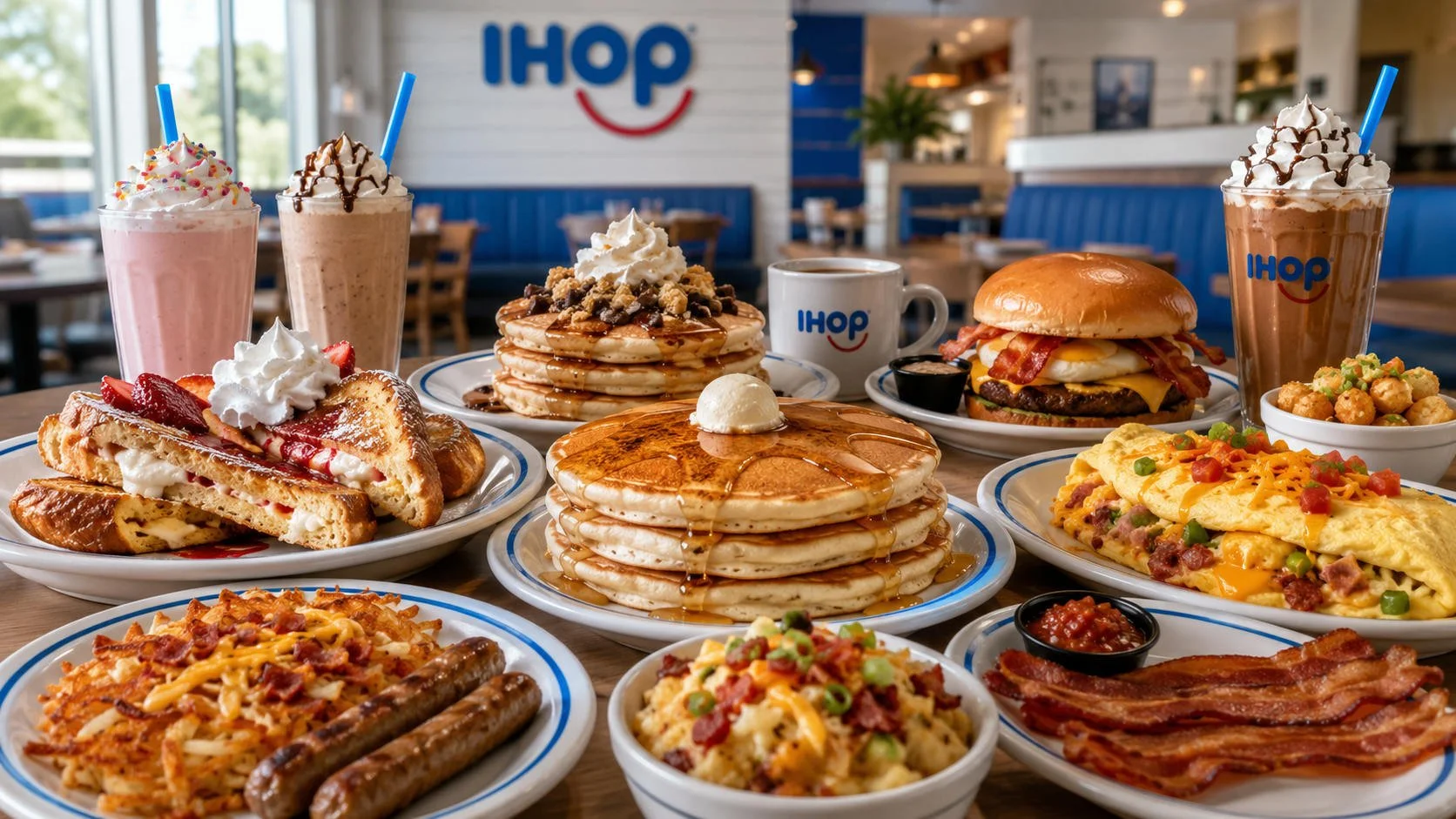A wide IHOP-style breakfast spread with stacks of pancakes, stuffed French toast, omelets, hash browns, sausage, bacon, breakfast bowls, milkshakes, coffee, and blue-and-white diner branding.
