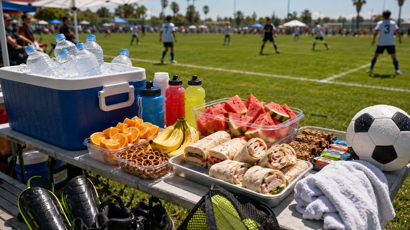 A wide sunny soccer tournament sideline scene showing a cooler full of water bottles, sports drinks, watermelon, oranges, bananas, wraps, pretzels, granola bars, towels, cleats, and a soccer ball beside a hot outdoor field.