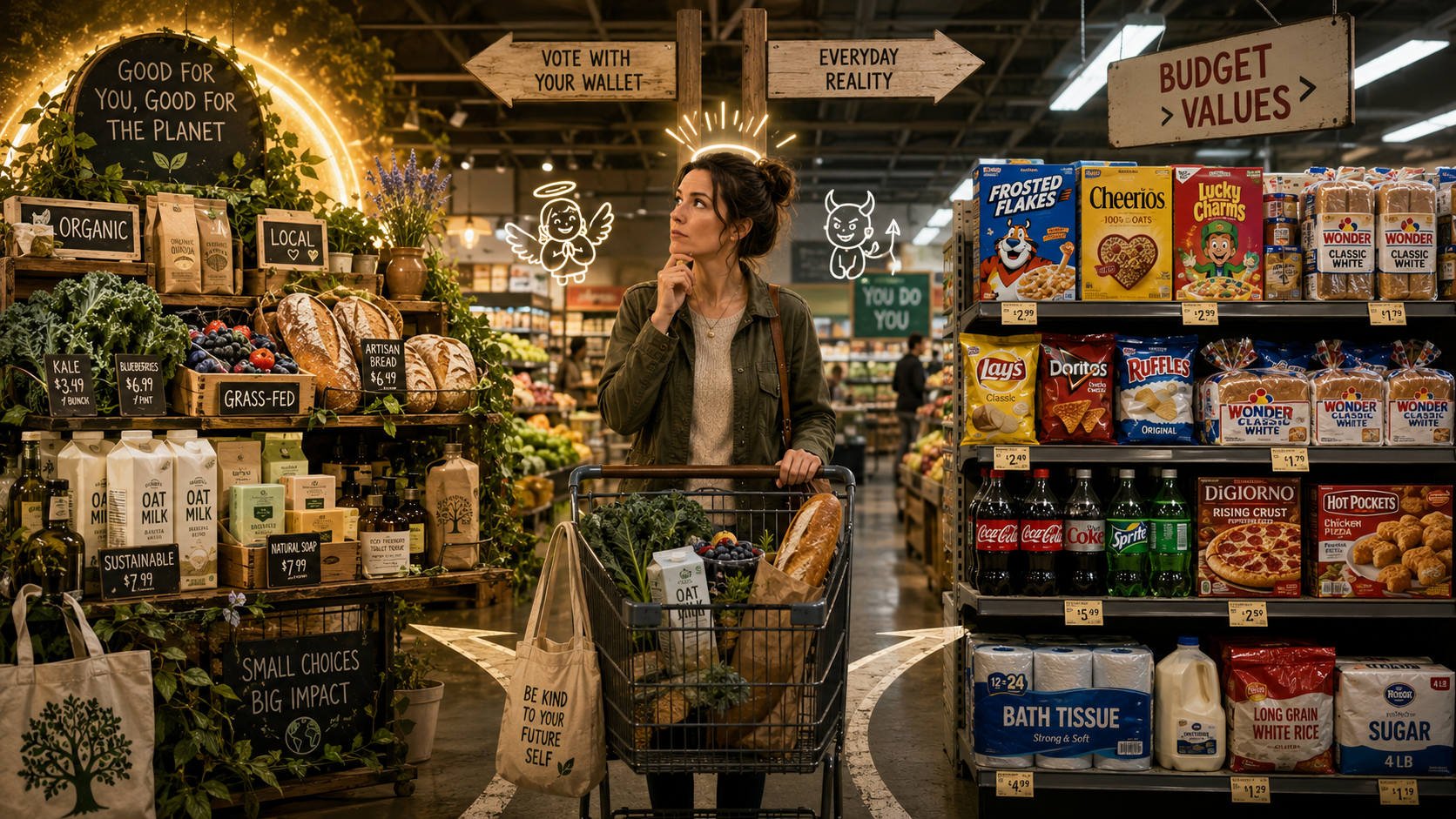 A wide grocery store aisle scene showing a shopper choosing between expensive organic “good for the planet” groceries and cheaper everyday staples, with visual symbols of moral pressure, budget reality, and food values around the cart.