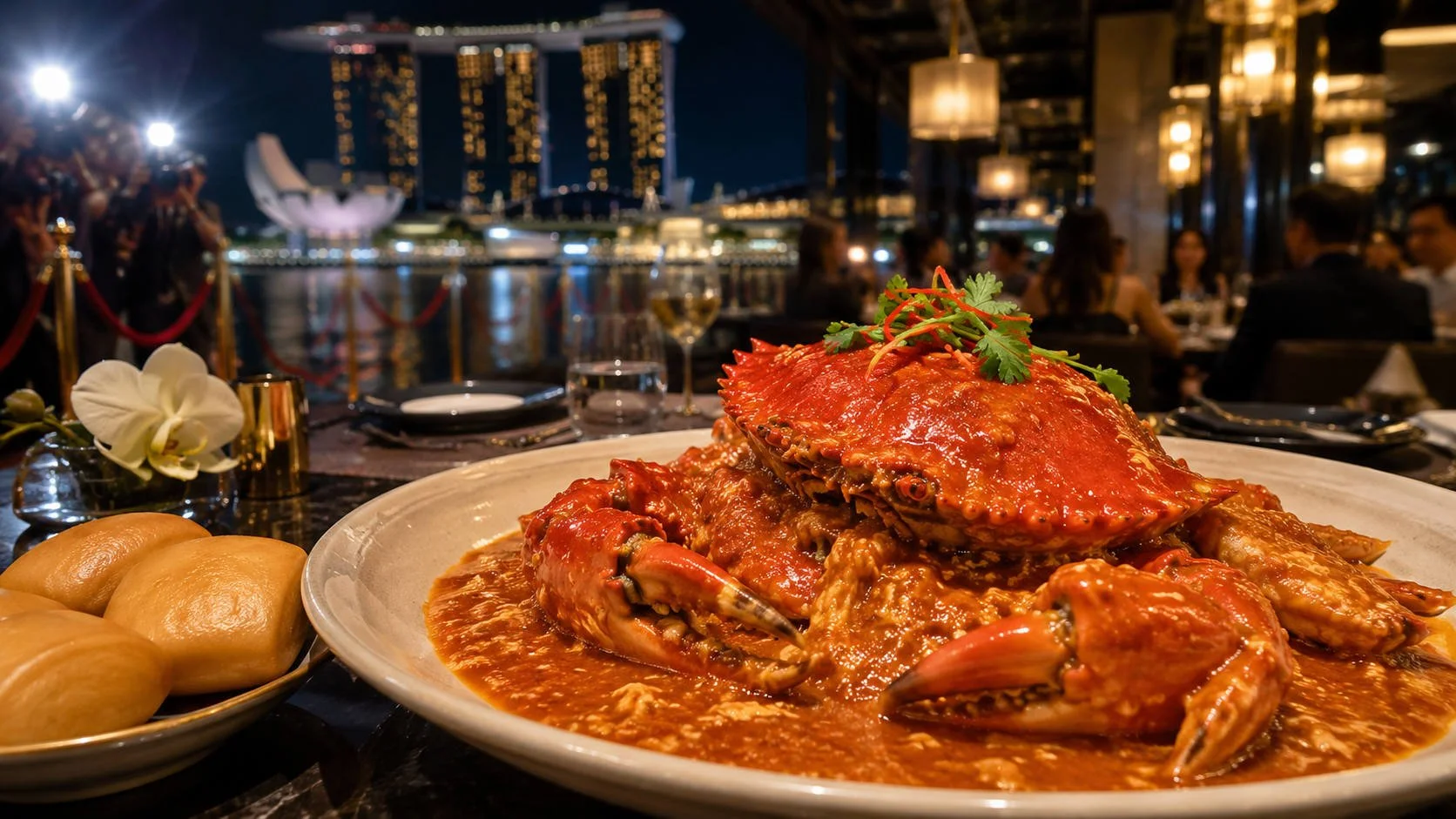 A wide glamorous Singapore waterfront restaurant scene showing a large chili crab with sauce and steamed buns, with Marina Bay Sands, celebrity-style diners, paparazzi flashes, wine glasses, and nighttime city lights in the background.