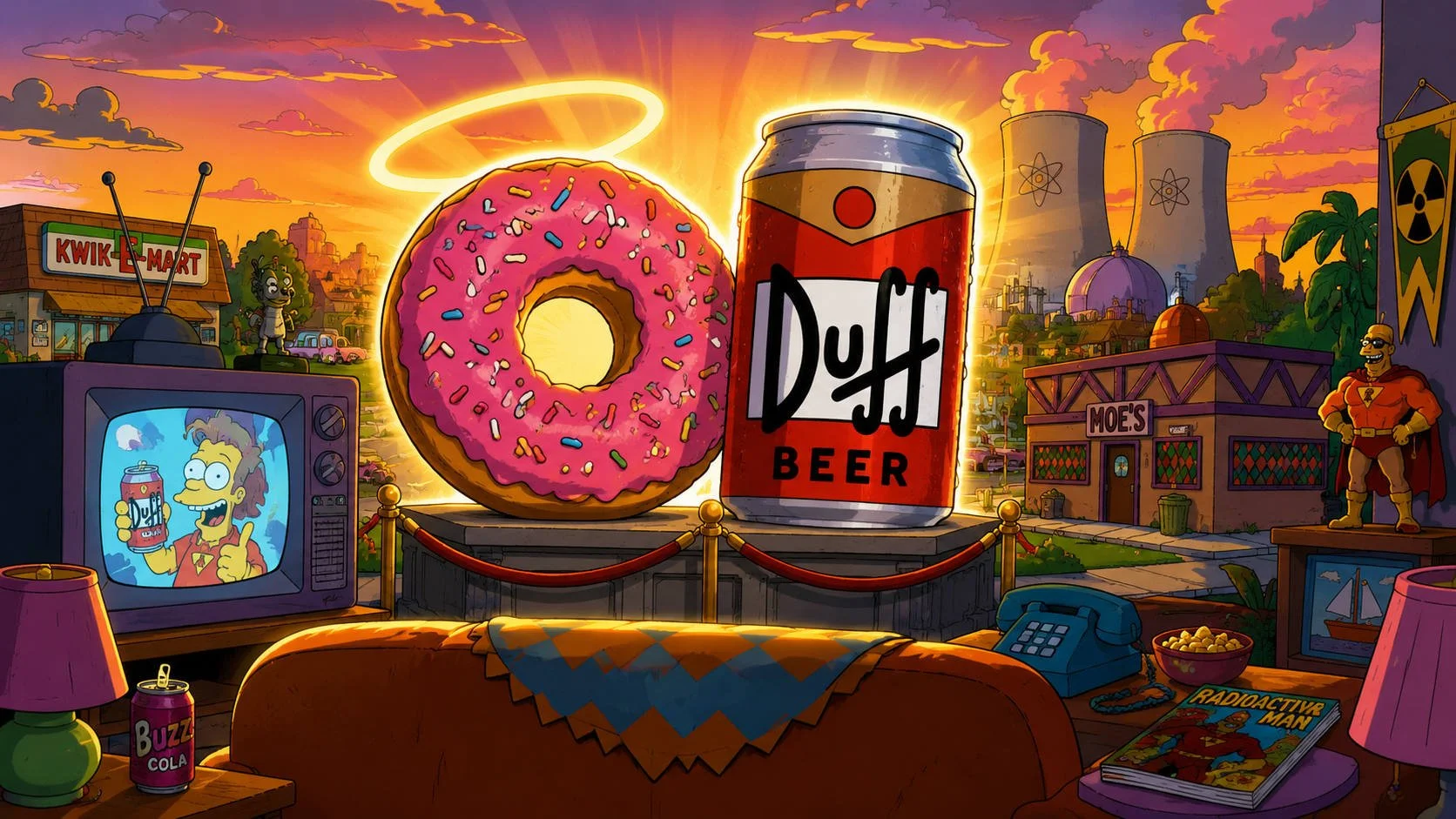 A wide cartoon-style pop culture scene showing a giant glowing pink donut and Duff-style beer can as cultural symbols, surrounded by a Springfield-inspired town, tavern, convenience store, TV, superhero statue, and sunset skyline.