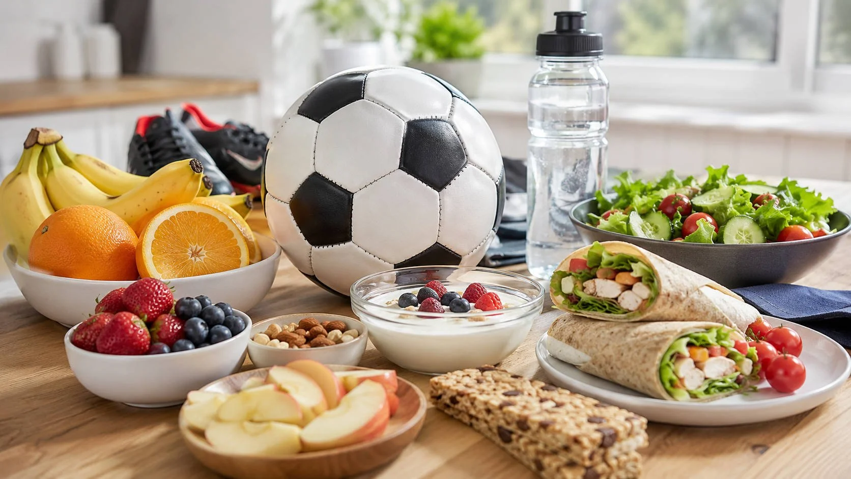 A wide bright table scene showing a soccer ball surrounded by healthy athlete snacks, including bananas, oranges, berries, apple slices, yogurt, nuts, granola bars, wraps, salad, water bottle, and soccer cleats in the background.