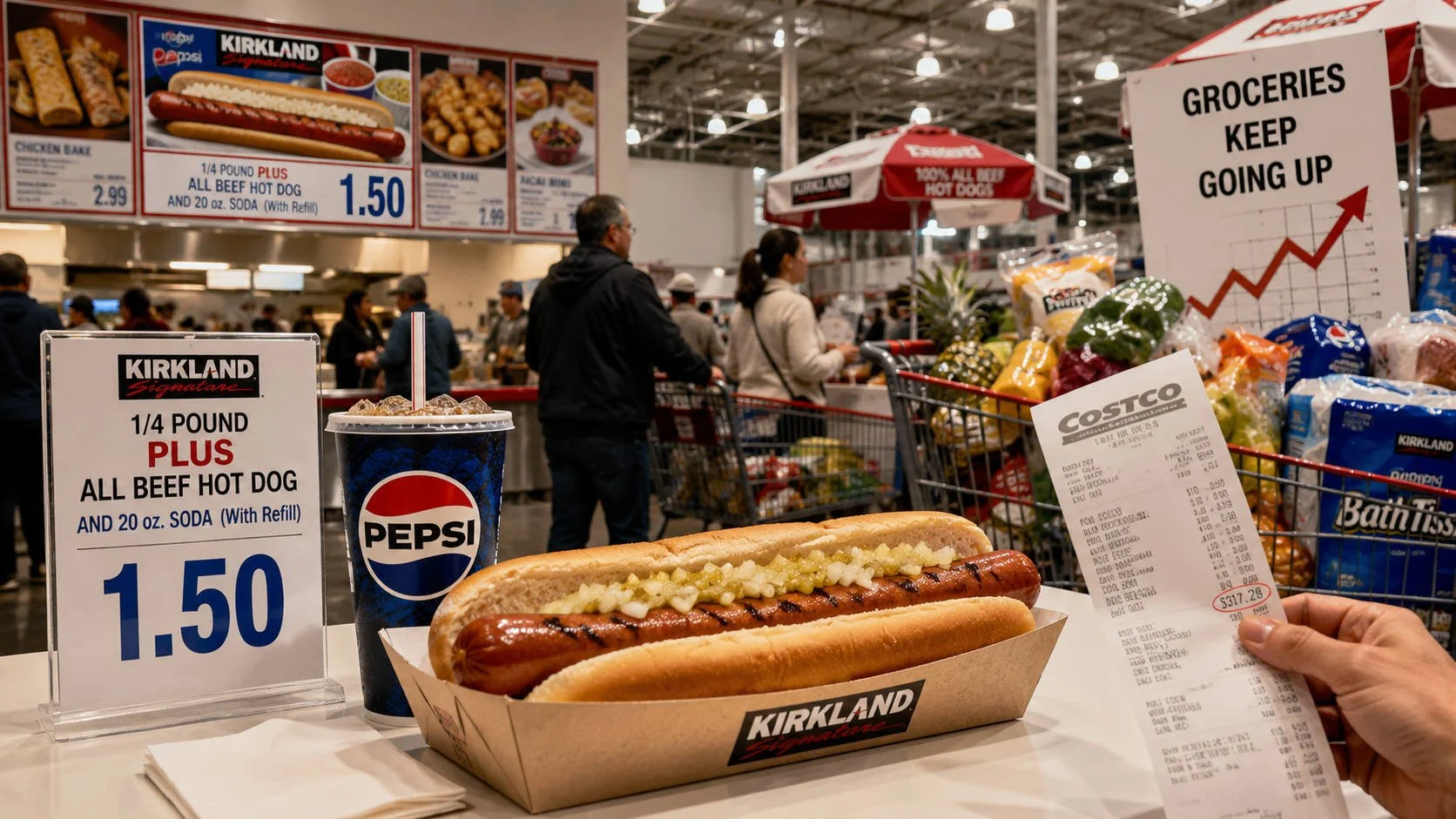 A wide Costco food court scene showing the famous $1.50 hot dog and soda deal beside a grocery receipt, shopping carts, rising grocery price chart, and busy warehouse shoppers, highlighting food price trust.