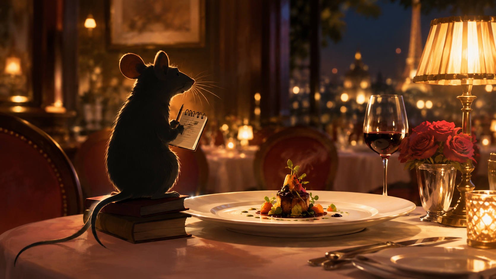 Remy From Ratatouille as a food critic in a fancy French restaurant looking at a plate of food.