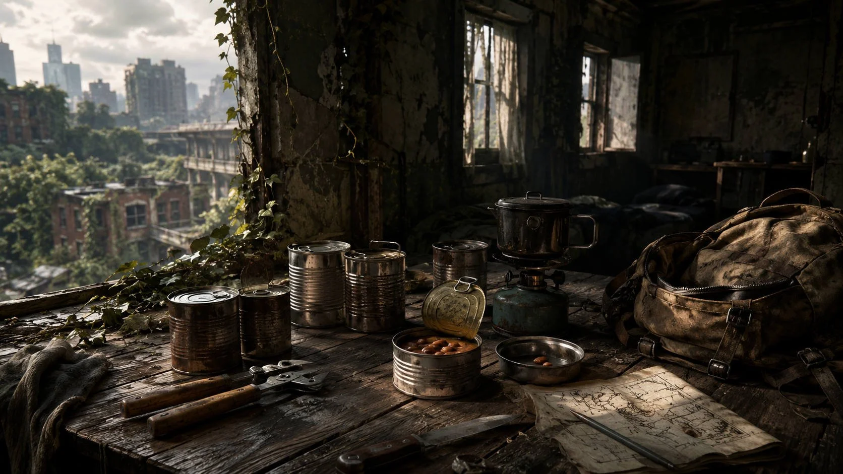 Dented canned food, survival tools, and a worn backpack sit on a wooden table inside an abandoned overgrown safehouse with a ruined city visible outside.