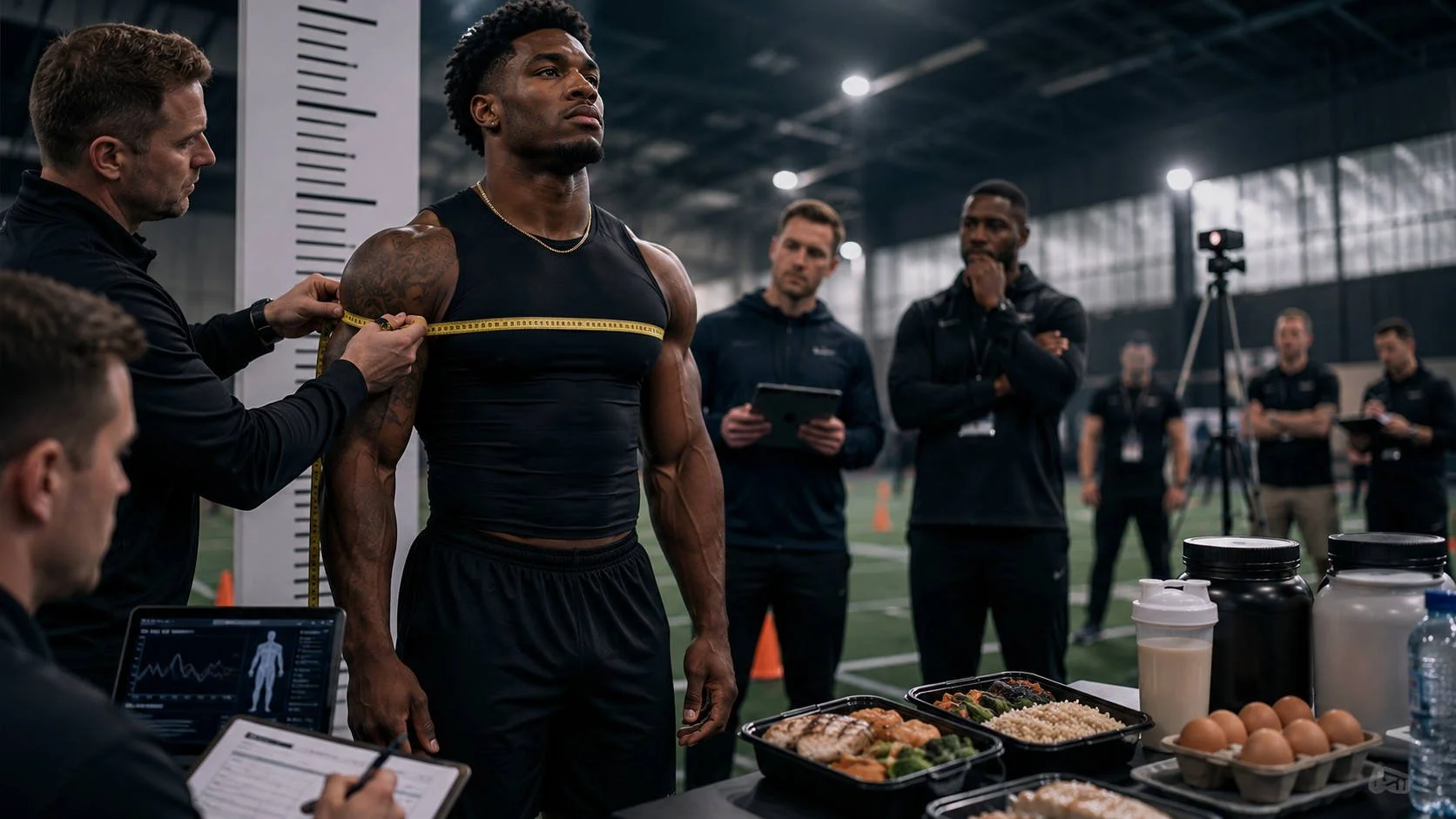 A football prospect is measured by evaluators at an indoor combine while protein shakes, eggs, and meal-prep containers sit nearby on a nutrition table.