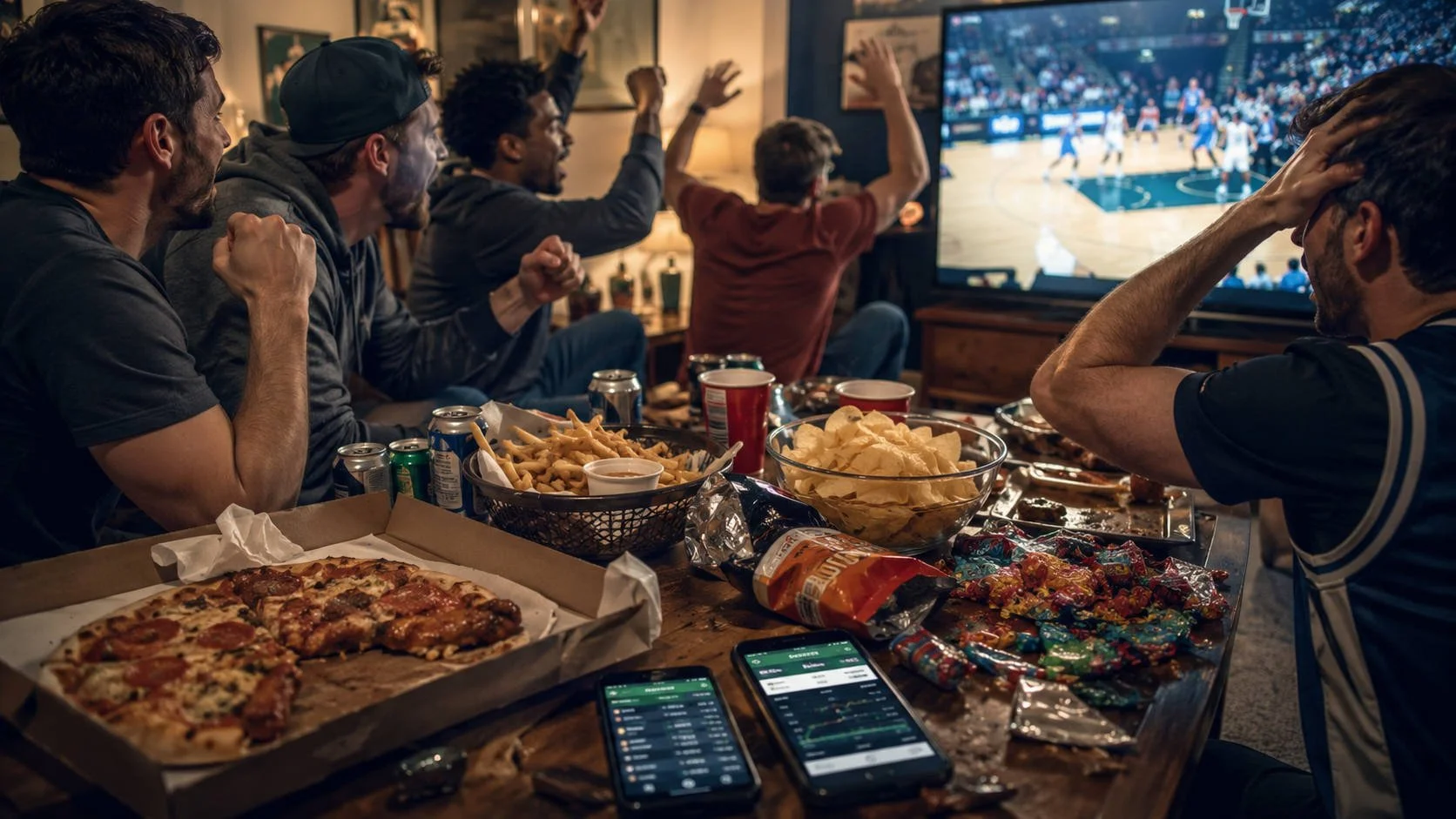 A group of young men cheer and stress over a basketball game on TV while a coffee table overflows with pizza, fries, chips, wings, candy, and drinks.