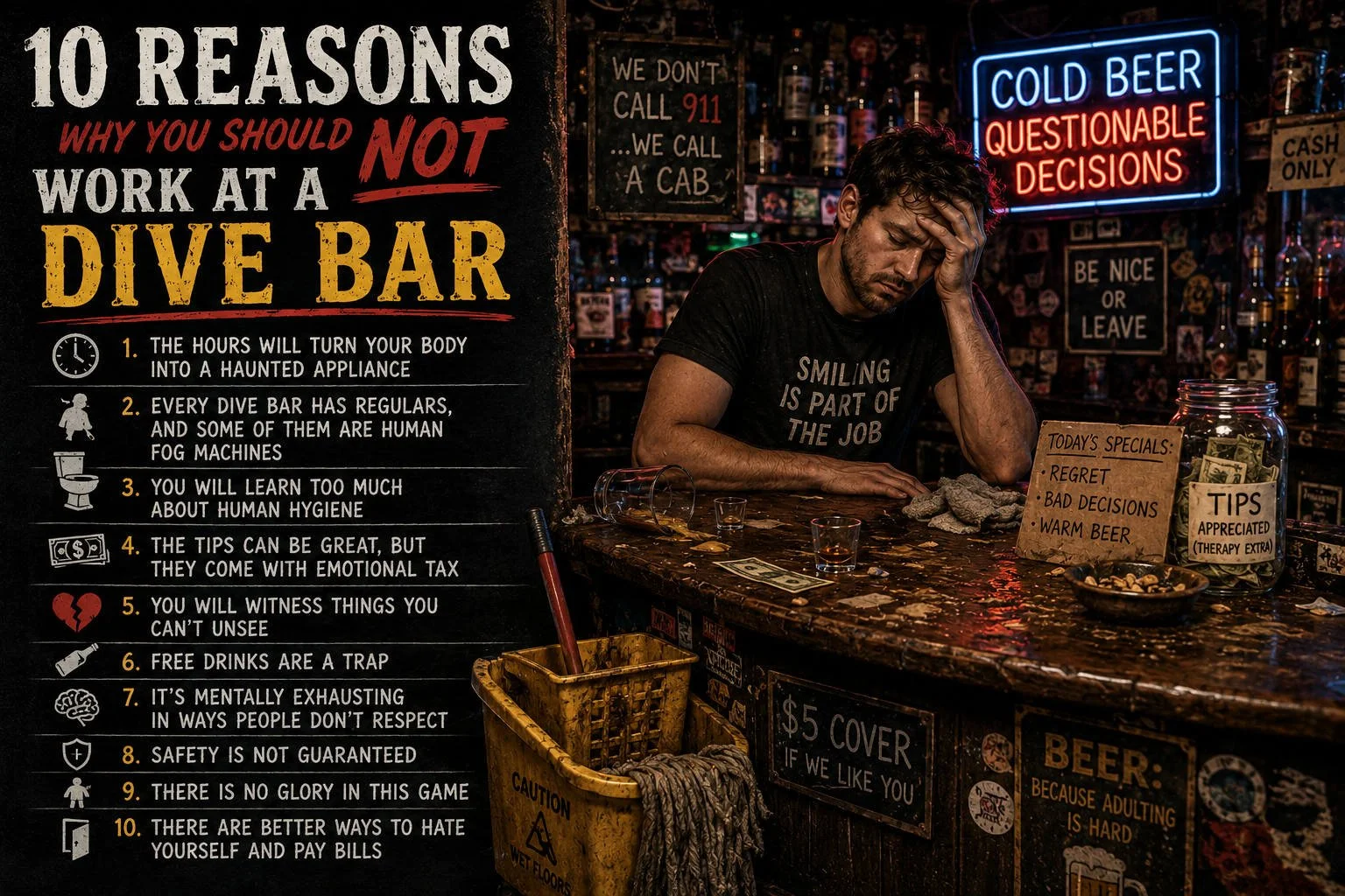 A exhausted bartender leans over a sticky dive bar counter surrounded by spilled drinks, a mop bucket, neon signs, tip jars, and a bold “10 Reasons” warning list about the chaos of working late nights in a dive bar.