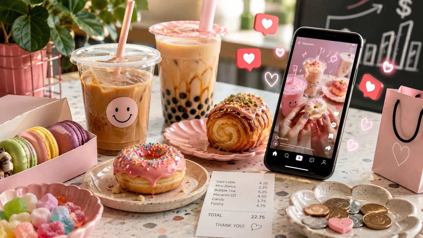 Colorful “little treats” including iced coffee, bubble tea, macarons, candy, and pastries sit beside a phone showing a viral snack video, with floating heart icons and a receipt highlighting the small-purchase snack economy.
