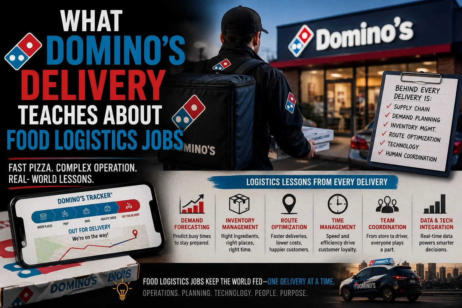 A Domino’s delivery worker carries pizza boxes outside a store while an infographic-style layout highlights route optimization, inventory management, demand forecasting, timing, teamwork, and food logistics jobs.