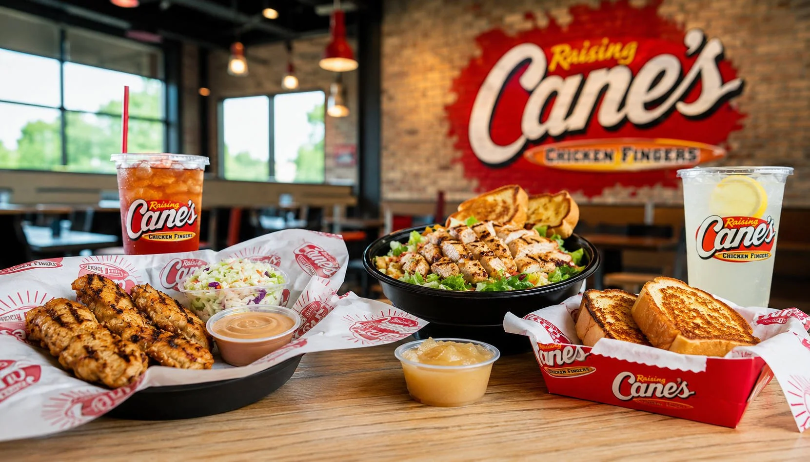A wide-angle Raising Cane’s restaurant table shows chicken tenders, coleslaw, dipping sauce, a chicken salad bowl, Texas toast, and drinks arranged in front of a blurred Cane’s sign.