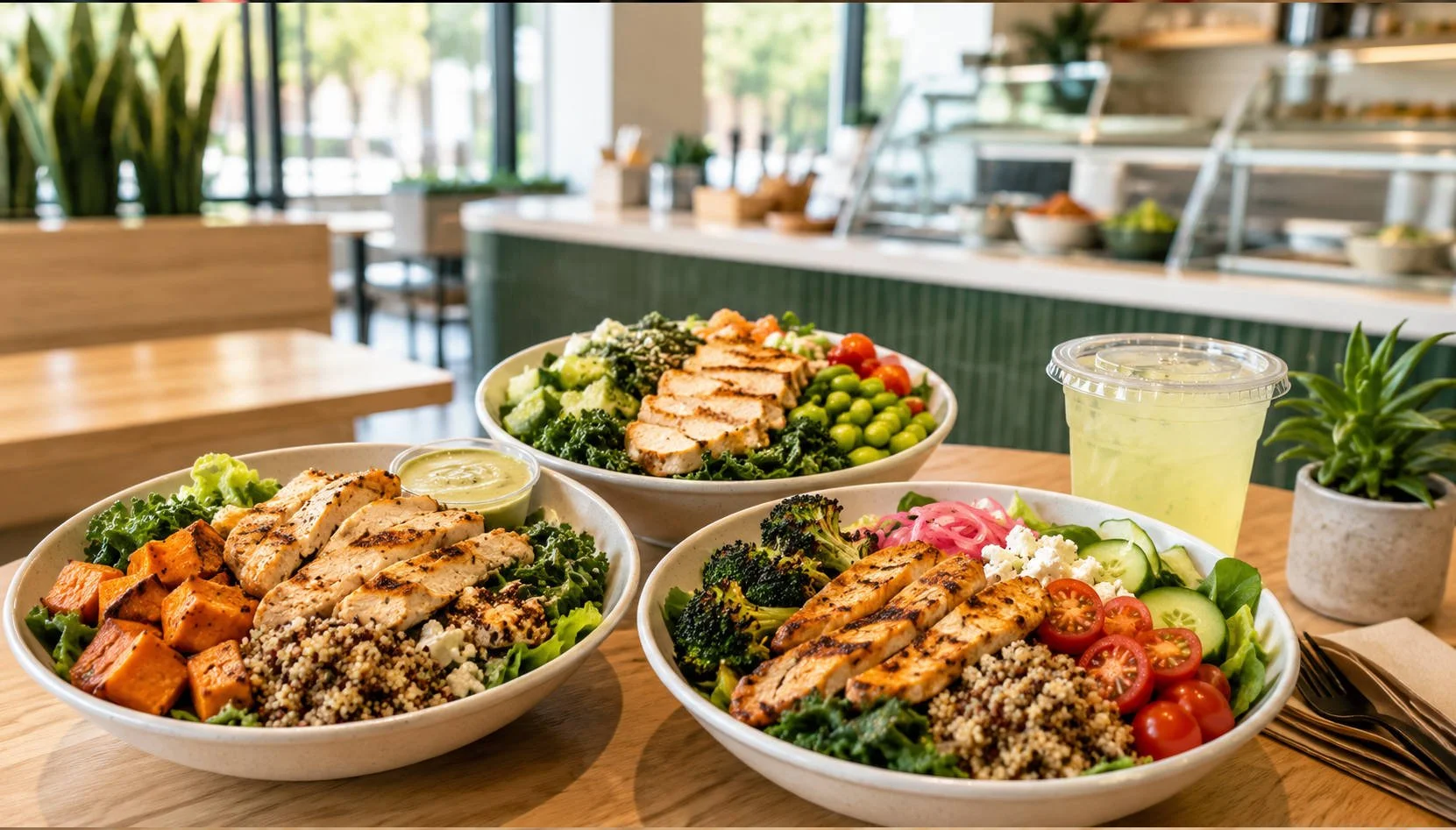 Three low-calorie, high-protein salad bowls with grilled chicken, greens, quinoa, sweet potatoes, broccoli, cucumbers, tomatoes, edamame, and dressing sit on a bright Sweetgreen-style restaurant table.