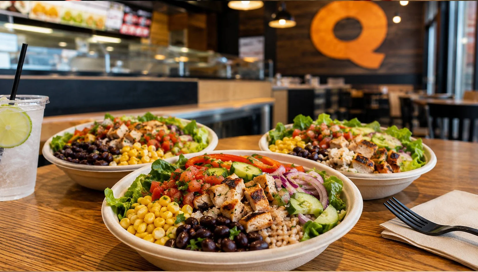 Three low-calorie, high-protein QDOBA-style bowls with grilled chicken, lettuce, black beans, corn, pico de gallo, cucumbers, onions, and rice sit on a restaurant table with a lime drink nearby.