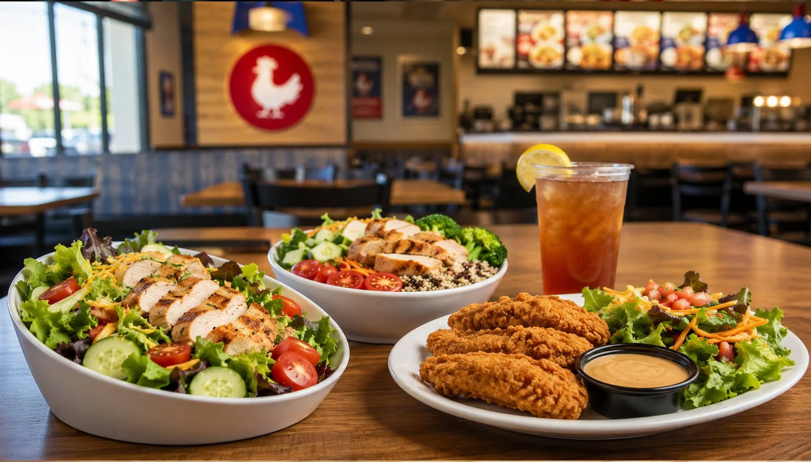 Low-calorie, high-protein Zaxby’s-style meal options sit on a restaurant table, including grilled chicken salads, a chicken bowl, fried tenders, dipping sauce, and iced tea.