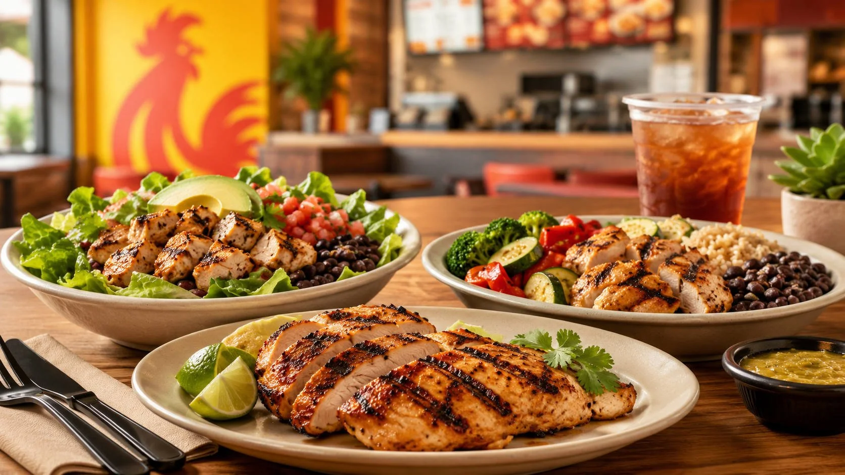 Grilled chicken breast, chicken salad bowls, black beans, avocado, vegetables, salsa, lime wedges, and iced tea sit on a restaurant table in an El Pollo Loco-style setting
