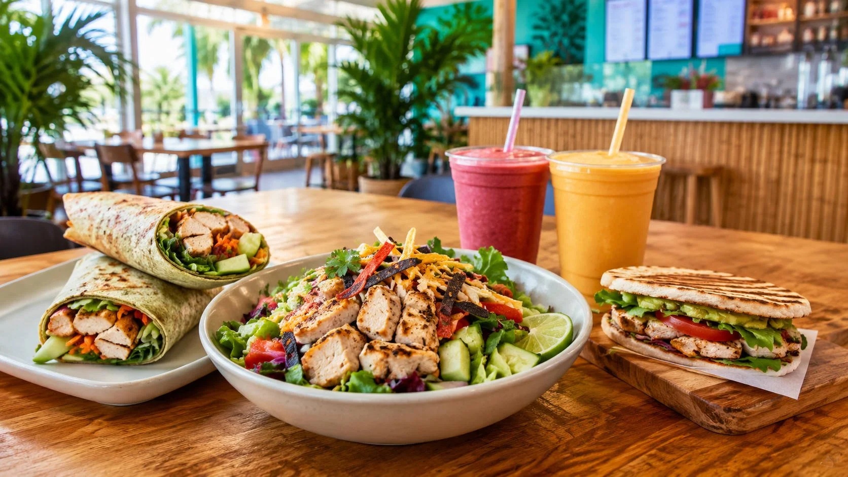 A Tropical Smoothie Cafe-style spread with grilled chicken wraps, a chicken salad bowl, a grilled chicken sandwich, and colorful smoothies on a sunny tropical café table.