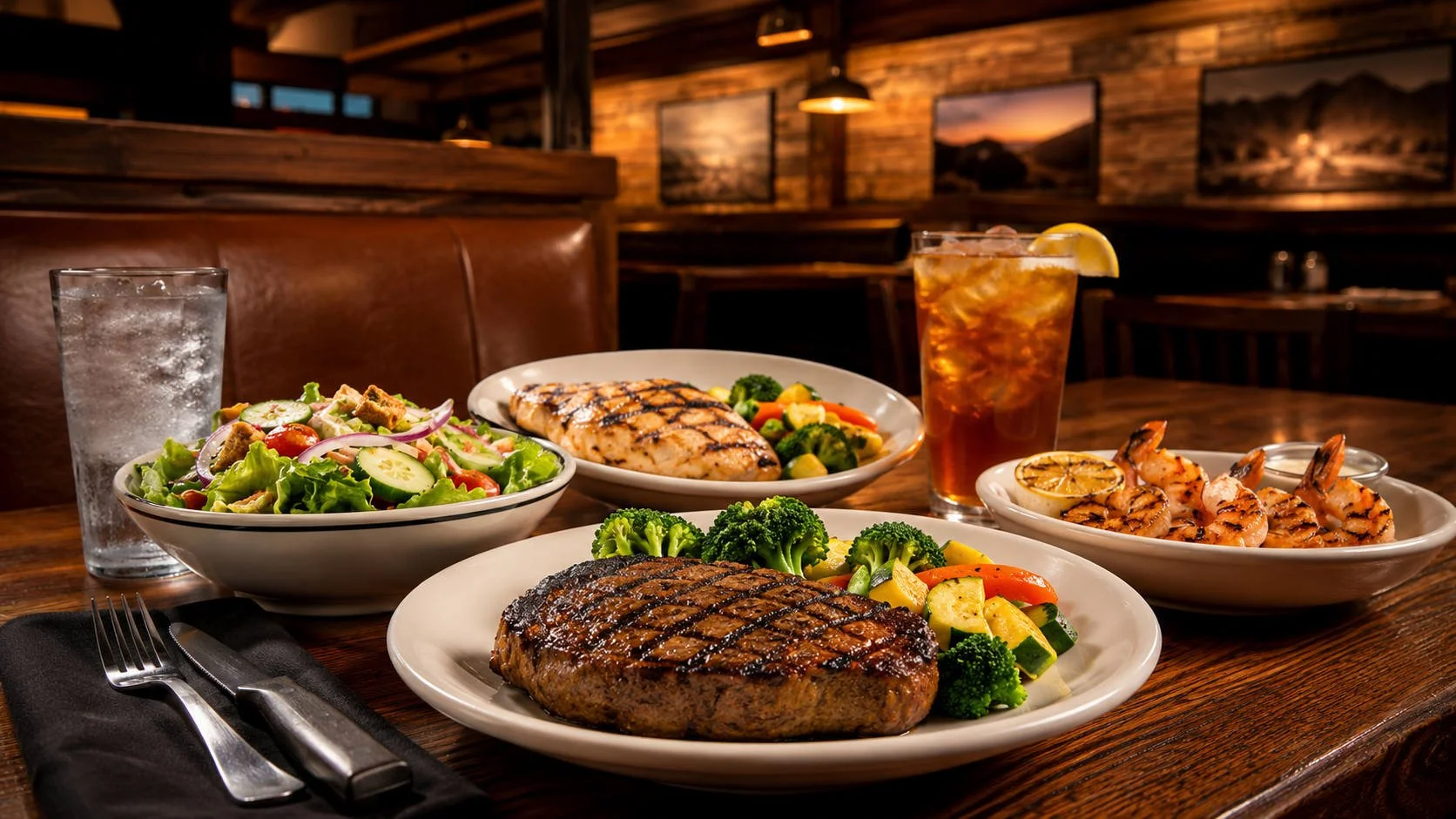 A low-calorie, high-protein Outback Steakhouse-style spread with grilled steak, grilled chicken, shrimp, salad, broccoli, mixed vegetables, water, and iced tea on a warm wooden restaurant table.