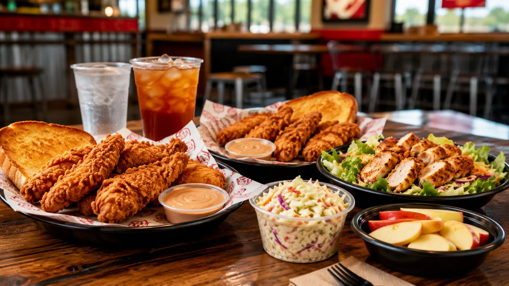A Raising Cane’s-style table with high-protein orders under 600 calories, including crispy chicken fingers, chicken salad, coleslaw, apple slices, toast, dipping sauce, iced tea, and water.