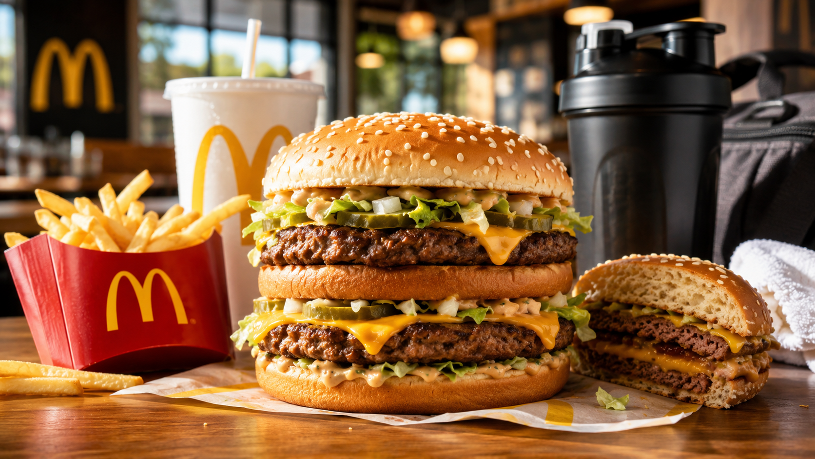 A large McDonald’s-style burger meal for bulking with a double cheeseburger, fries, drink, protein shaker, gym bag, and towel on a fast-food restaurant table.