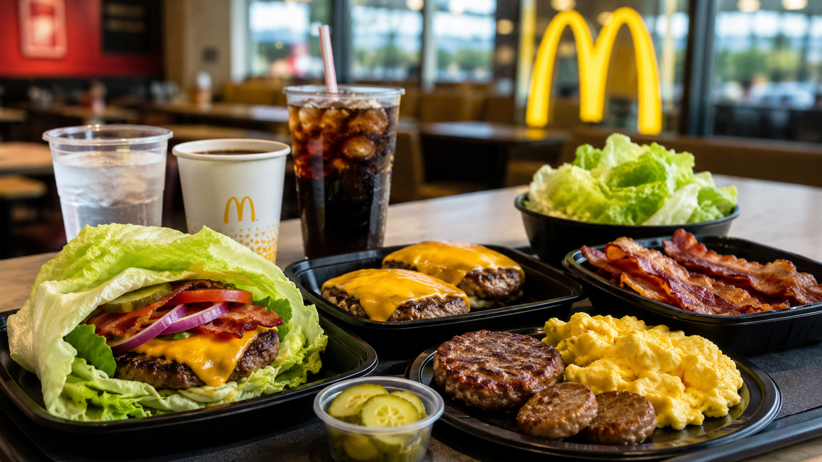 A McDonald’s-style keto meal spread with a lettuce-wrapped burger, bunless cheeseburger patties, bacon, scrambled eggs, sausage patties, pickles, extra lettuce, coffee, Diet Coke, and water.