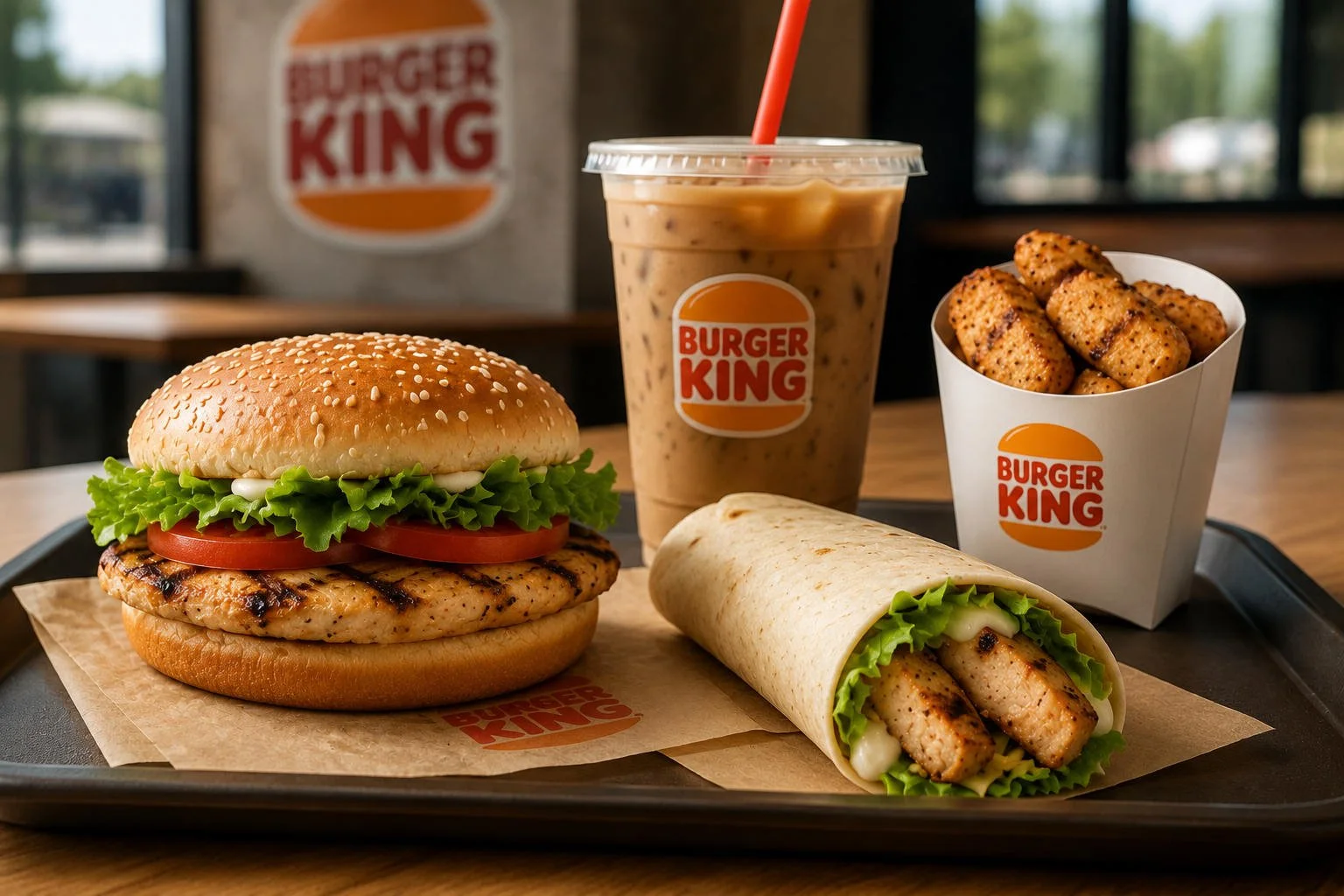 Low-calorie, high-protein Burger King meal with a grilled chicken sandwich, chicken wrap, iced coffee, and grilled chicken bites arranged on a tray inside a Burger King restaurant.