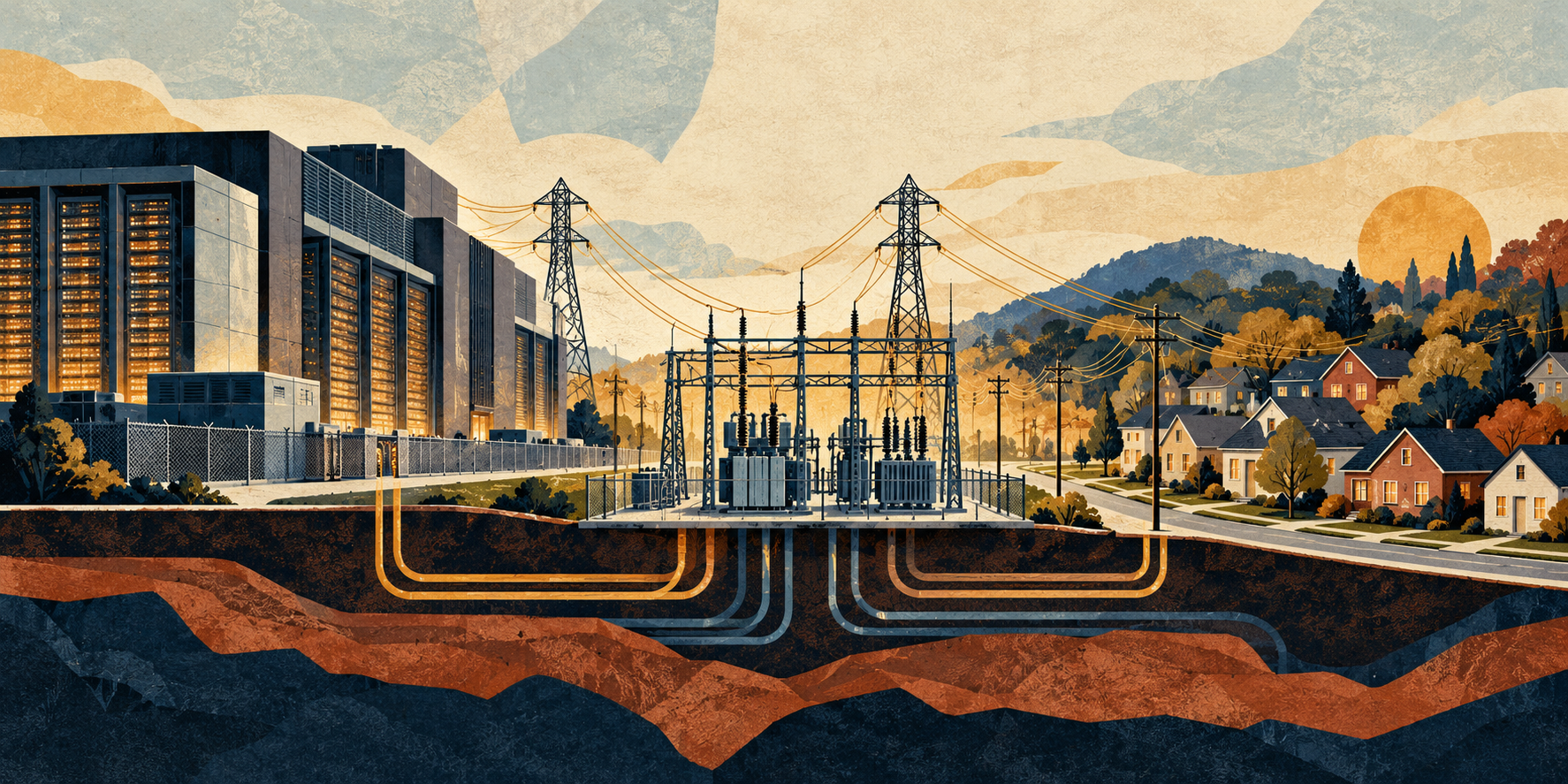 Illustration of a data center and a neighborhood linked by a shared electricity substation and power lines.