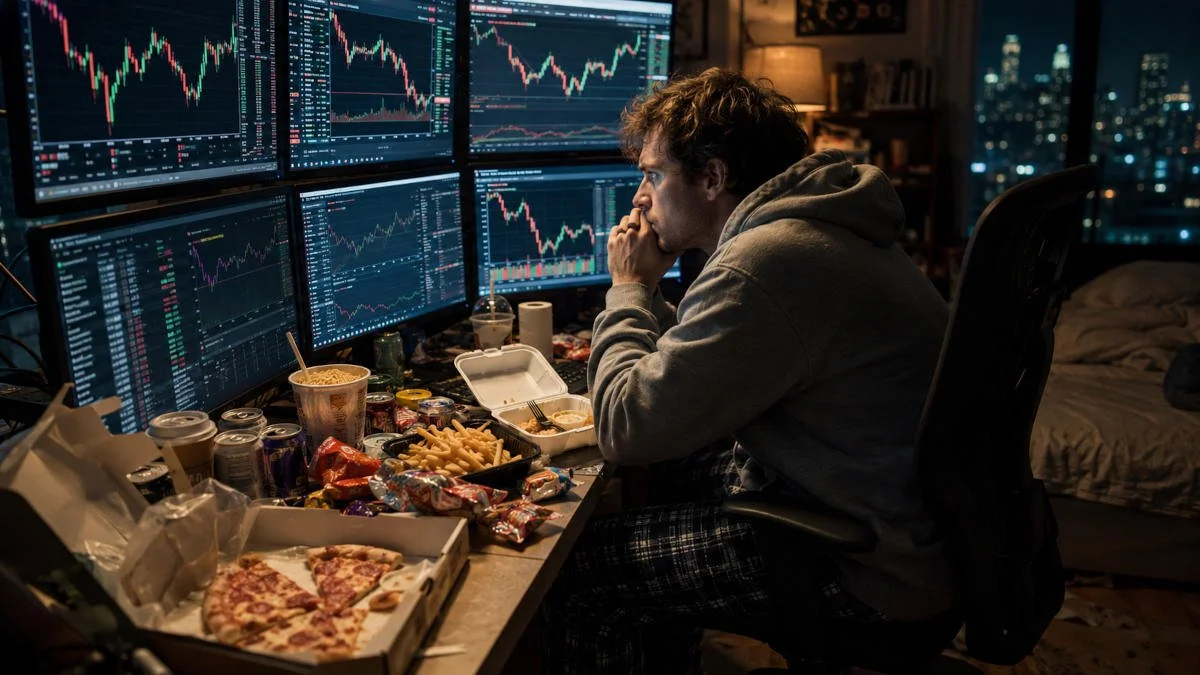 Widescreen image of a late-night stock market gambler watching multiple trading charts, surrounded by pizza, fries, energy drinks, takeout containers, and snacks in a messy bedroom trading setup