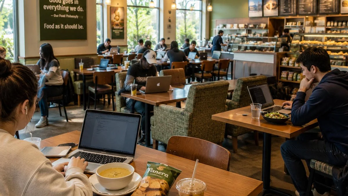 Wide-angle café scene with students and remote workers using laptops while eating soup, salad, sandwiches, chips, and iced drinks in a bright casual restaurant with large windows and a busy lunch atmosphere.
