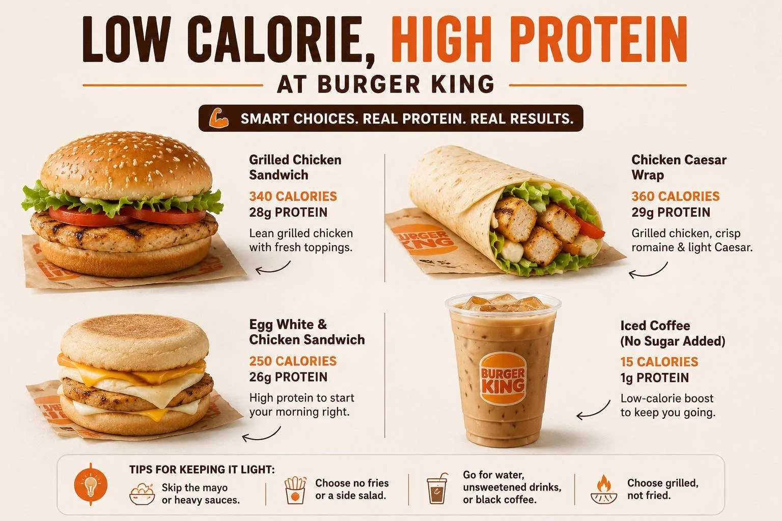 Infographic-style image showing low-calorie, high-protein Burger King options, including a grilled chicken sandwich, chicken wrap, breakfast sandwich, and iced coffee with simple nutrition callouts and lighter-ordering tips.