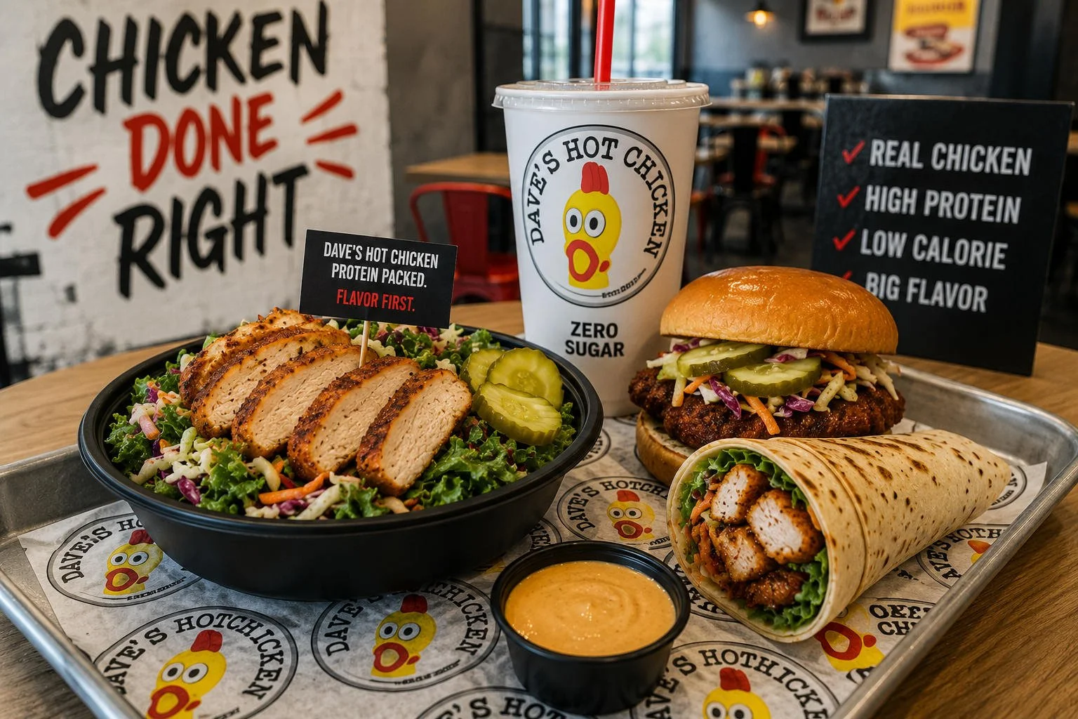 Low-calorie, high-protein Dave’s Hot Chicken meal options on a tray, including a grilled-style chicken salad, hot chicken sandwich, chicken wrap, pickles, dipping sauce, and a zero-sugar drink.