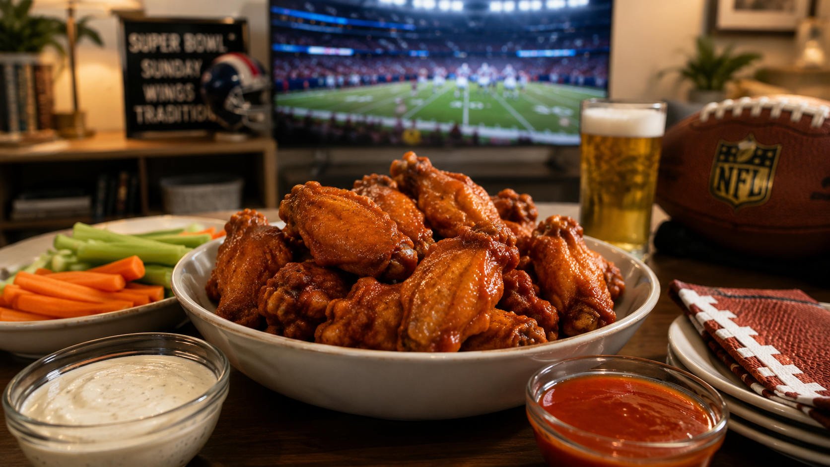 Close-up Super Bowl snack spread with a bowl of buffalo chicken wings, ranch dip, hot sauce, celery, carrots, beer, football decor, and a football game playing on TV in the background.
