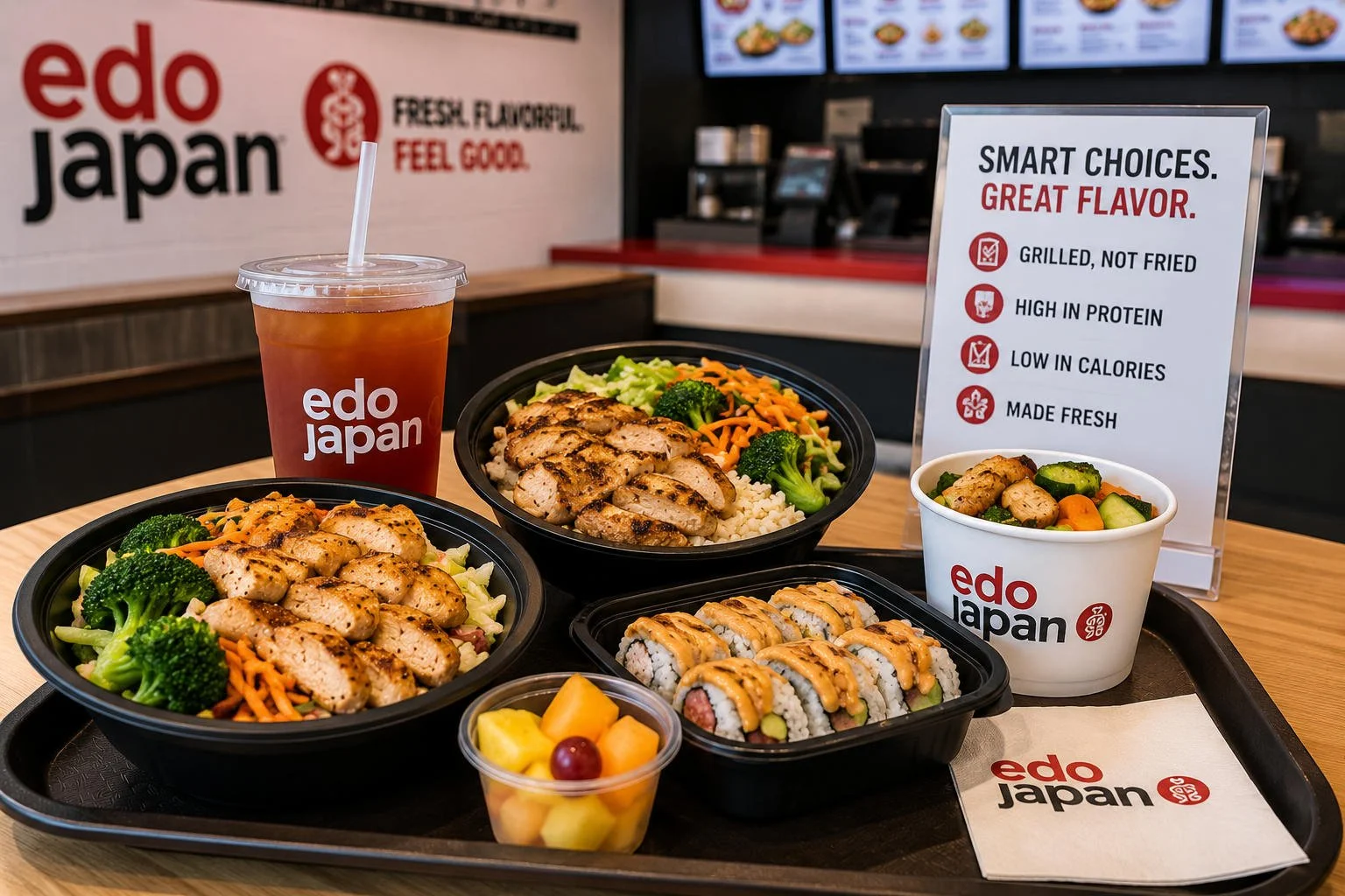 Low-calorie, high-protein Edo Japan meal options on a tray, including grilled chicken rice bowls, vegetables, sushi, fruit, iced tea, and a small grilled chicken side in a fast-casual restaurant setting.