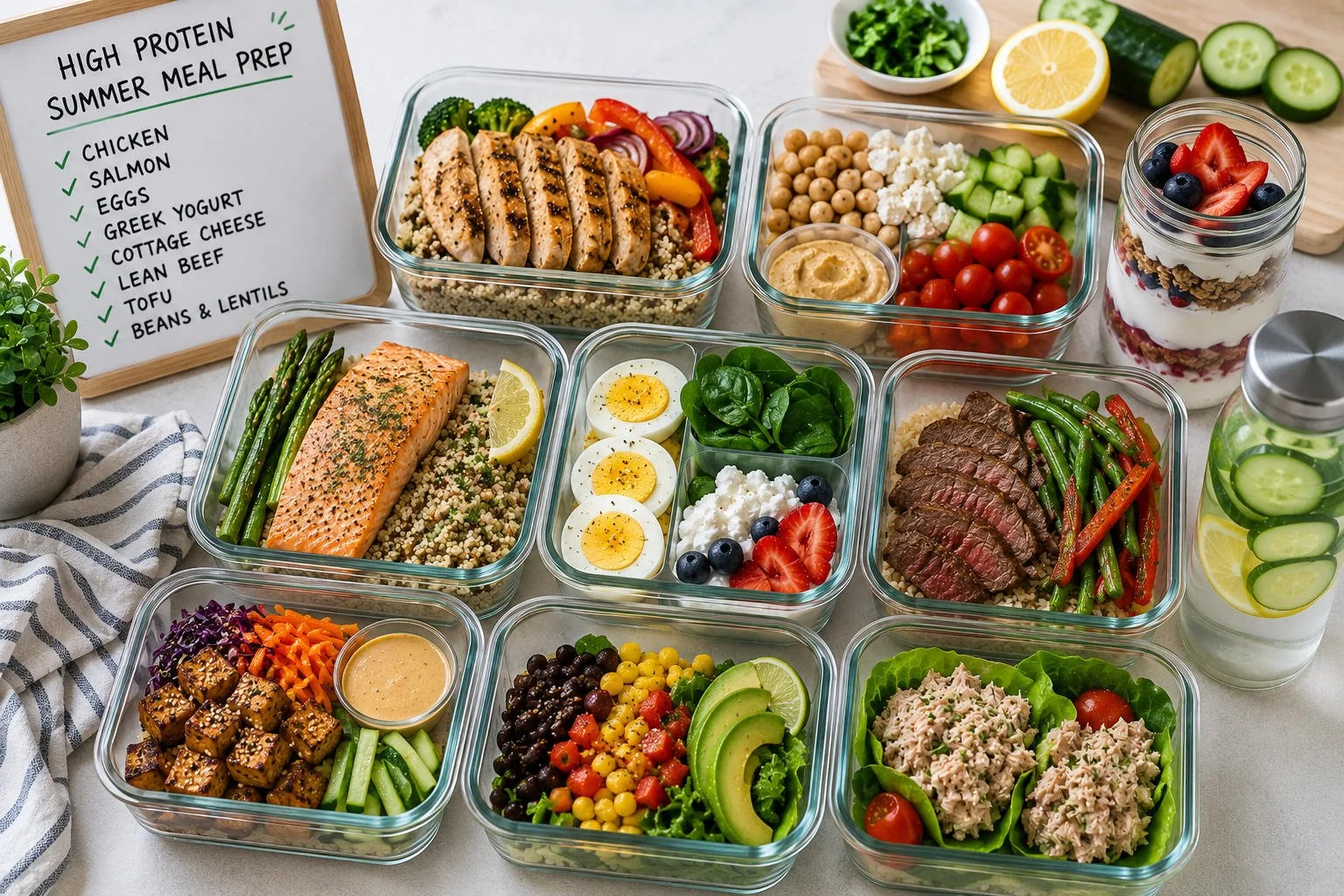 Summer high-protein meal prep spread with containers of grilled chicken, salmon, eggs, steak, tofu, chickpeas, yogurt parfait, tuna lettuce cups, vegetables, quinoa, and cucumber lemon water on a bright kitchen counter.