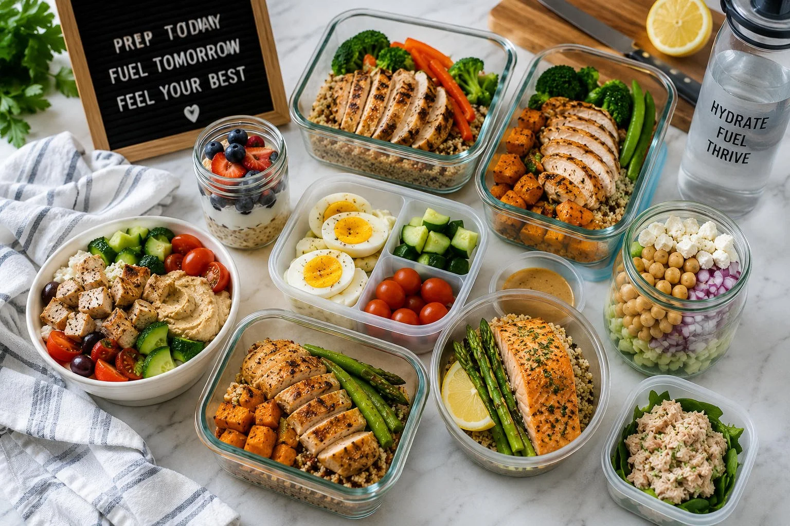 Summer high-protein meal prep spread with grilled chicken, salmon, eggs, quinoa, vegetables, yogurt parfaits, tuna salad, chickpeas, and hummus arranged in meal prep containers on a bright kitchen counter.