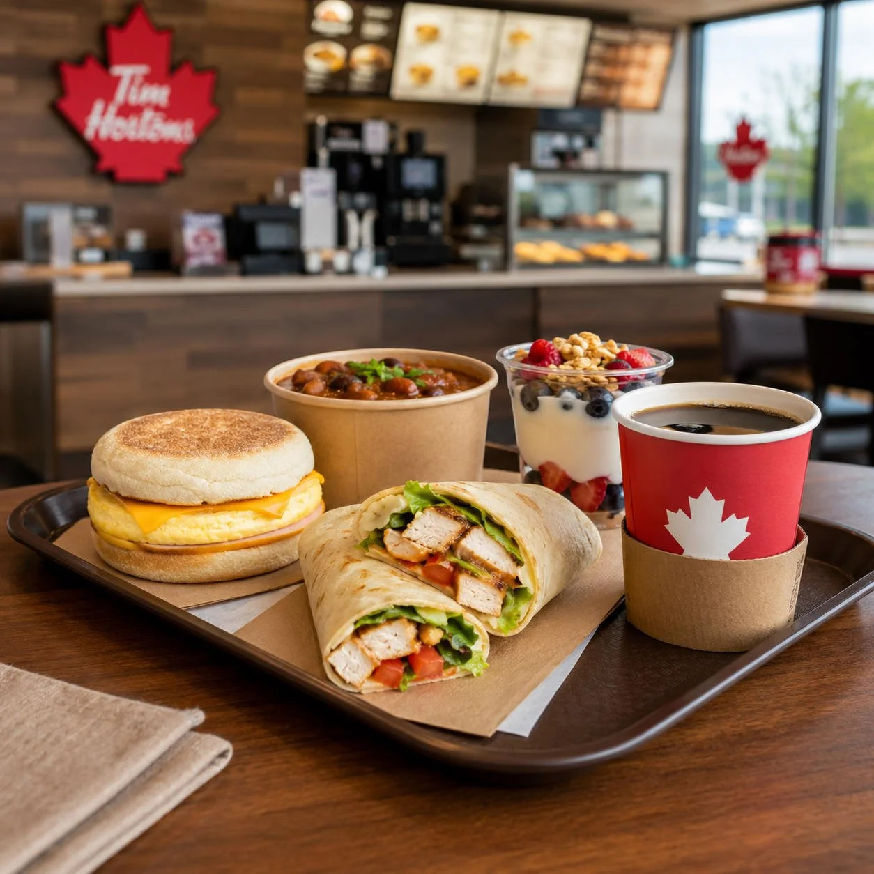 High protein options at Tim Hortons. Egg muffin, chicken wrap, chili, yogurt parfait, and a coffee with protein foam.