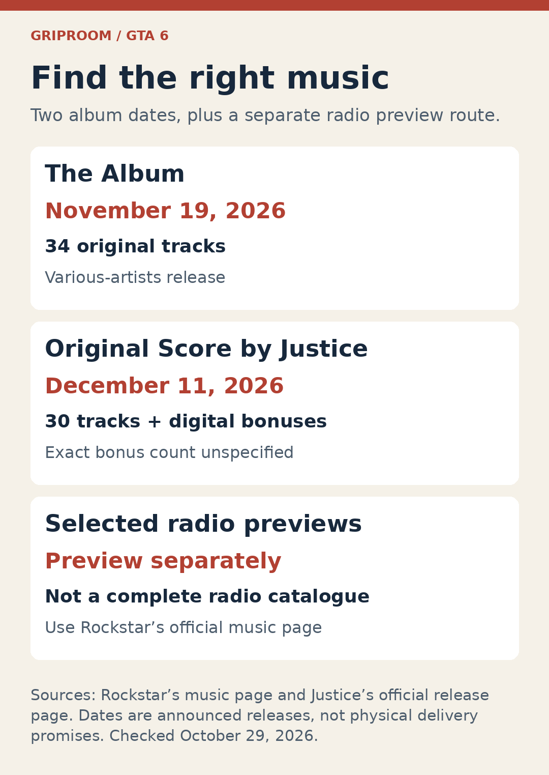 Three music categories: The Album on November 19 with 34 tracks, Justice’s Original Score on December 11 with 30 tracks plus digital bonuses, and selected radio previews.