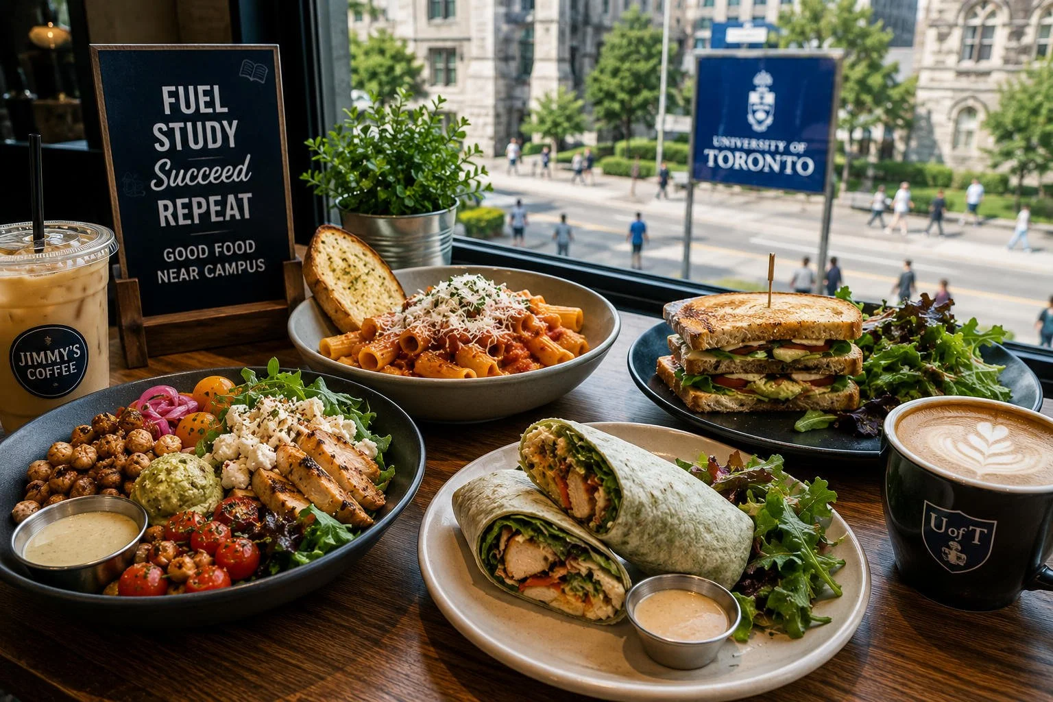 Café meal spread near the University of Toronto with a grilled chicken salad bowl, pasta, sandwich, wrap, iced coffee, and latte on a wooden table overlooking campus buildings and students outside.