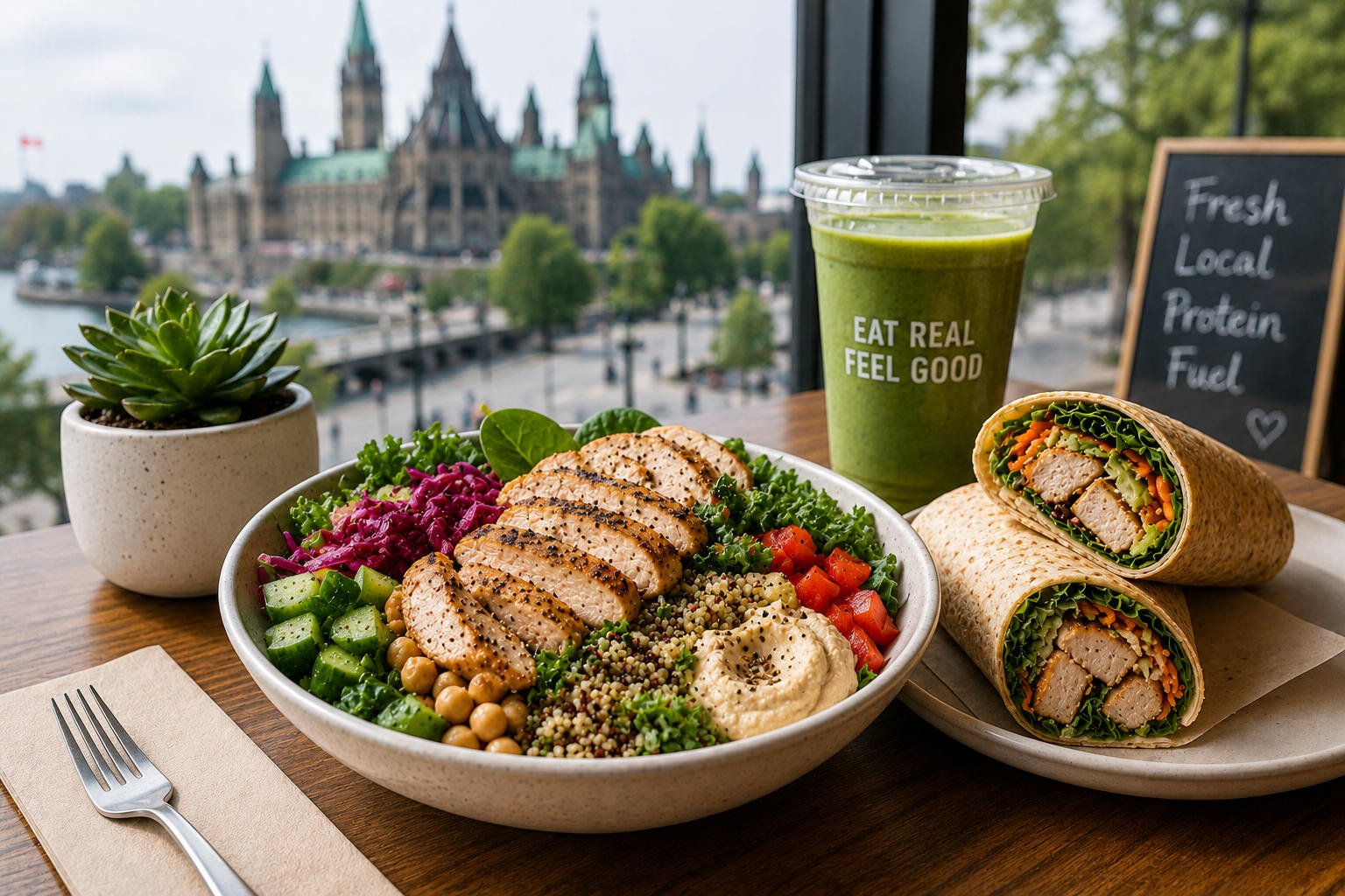 Healthy high-protein café lunch near Parliament Hill with a grilled chicken grain bowl, fresh chicken wrap, and green smoothie on a wooden table overlooking Ottawa’s Parliament Buildings.