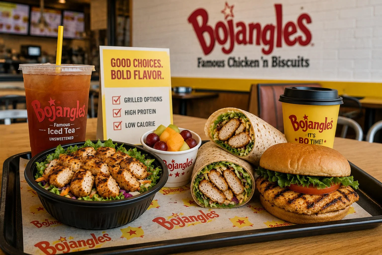 Low-calorie, high-protein Bojangles meal options on a tray, including a grilled chicken salad, chicken wraps, grilled chicken sandwich, fruit cup, unsweetened iced tea, and black coffee inside a Bojangles restaurant.