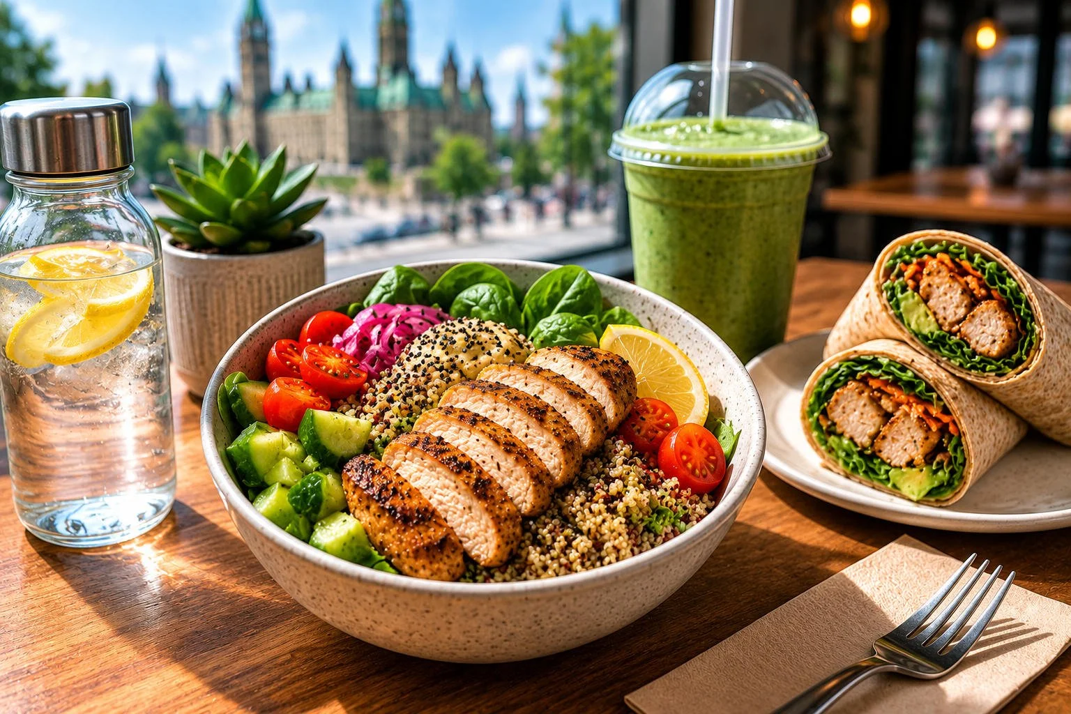 High-protein lunch near Parliament Hill with a grilled chicken grain bowl, fresh wraps, berries, lemon water, and a green smoothie on a café table overlooking Ottawa’s Parliament Buildings.