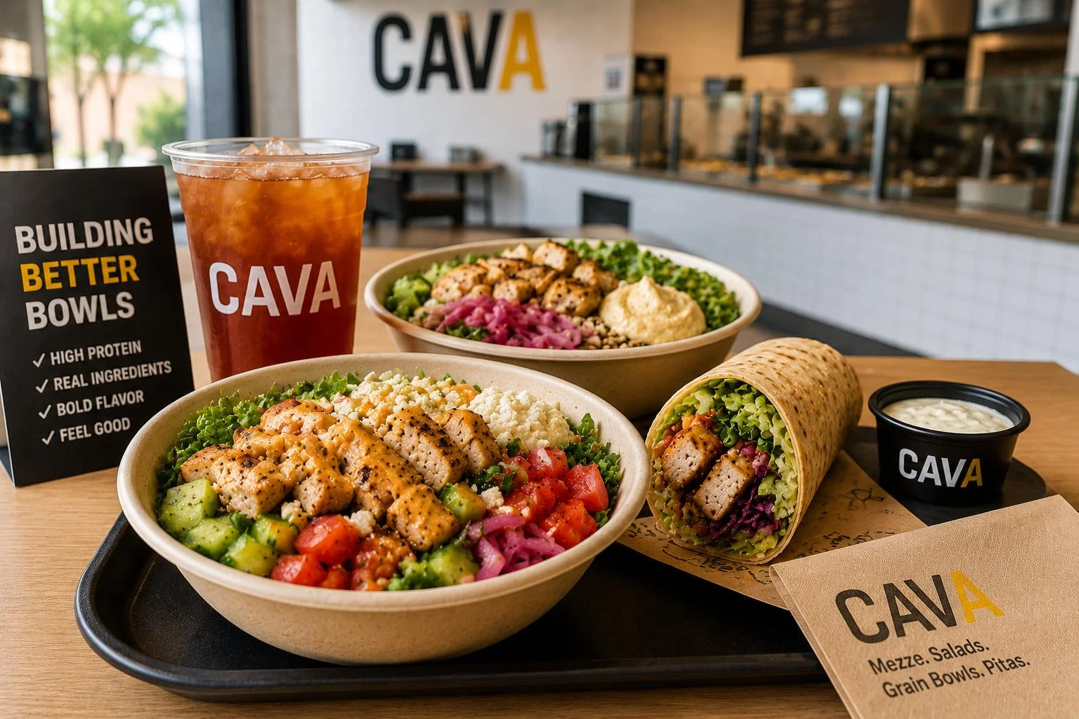 Low-calorie, high-protein Cava meal options on a restaurant tray, including grilled chicken grain bowls, a chicken pita wrap, iced tea, and sauce in a modern Cava dining area.